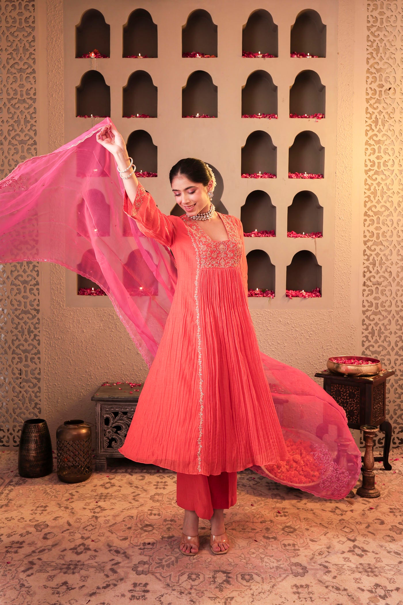 Coral peach pleated anarkali with shimmering accents