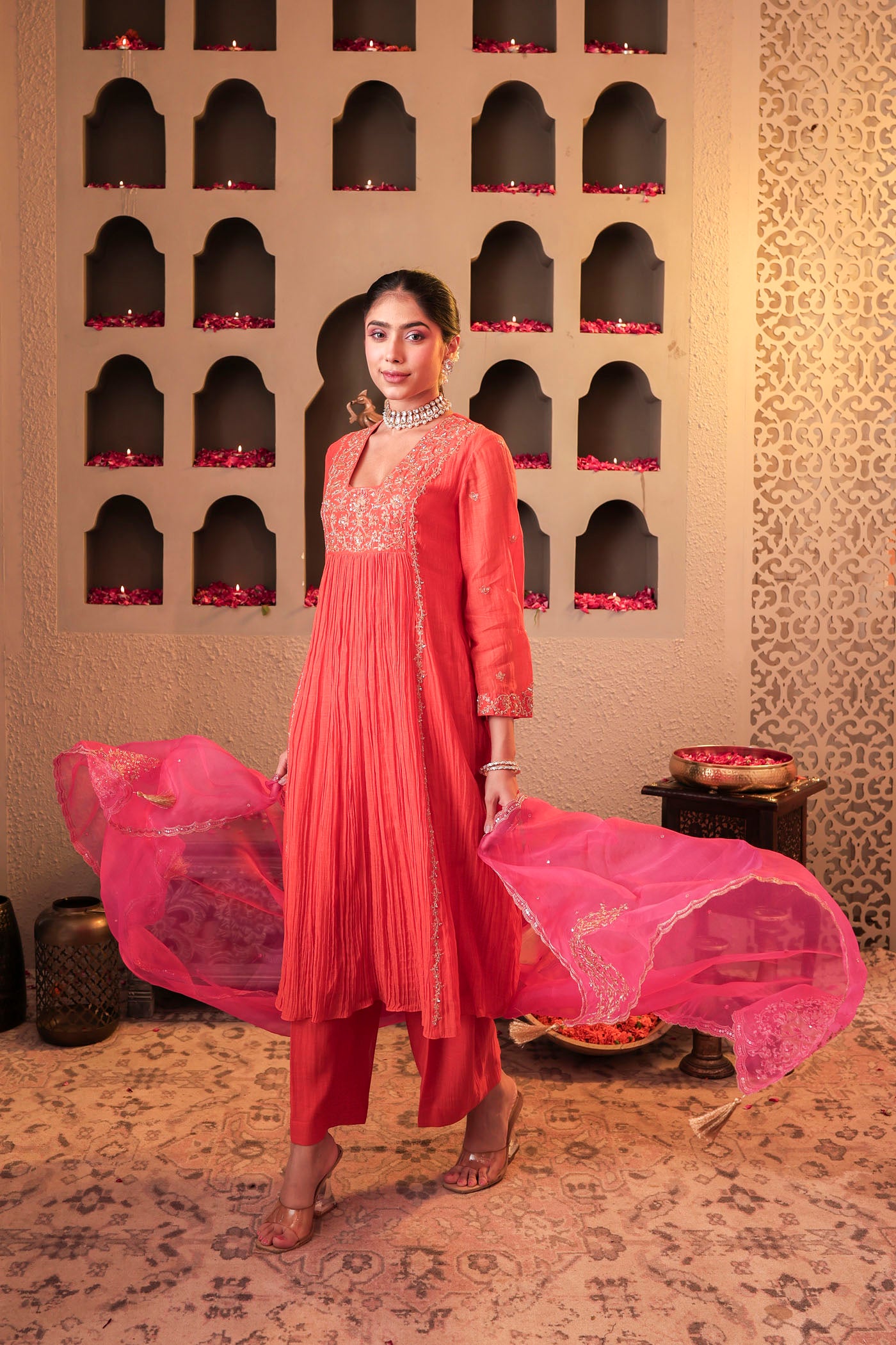 Coral peach pleated anarkali with shimmering accents