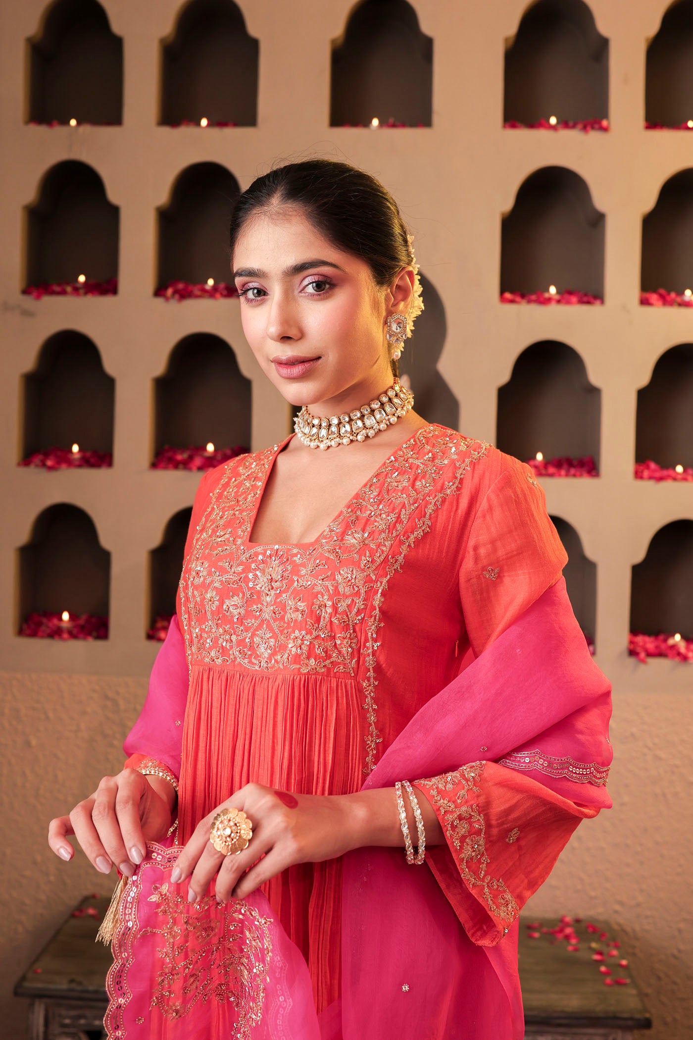 Coral peach pleated anarkali with shimmering accents