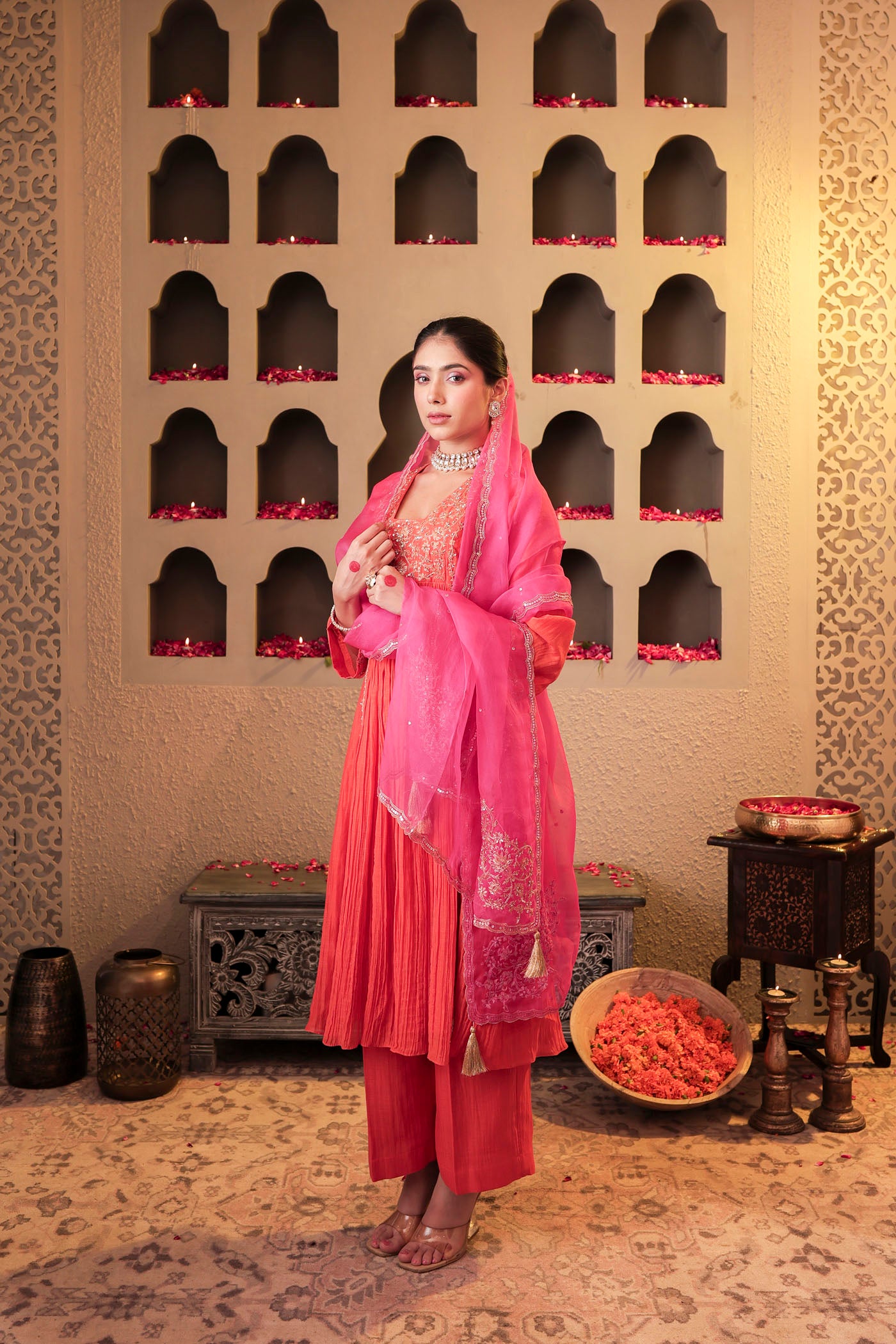 Coral peach pleated anarkali with shimmering accents