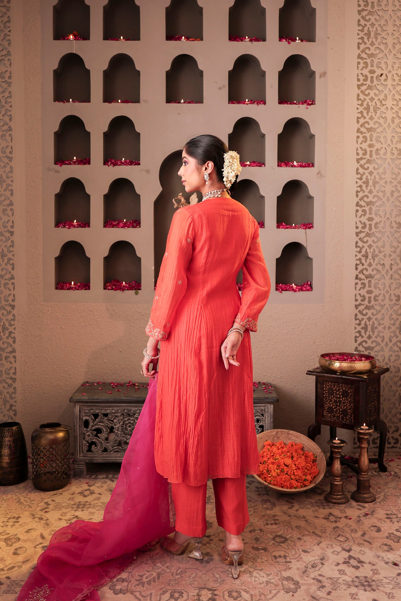 Coral peach pleated anarkali with shimmering accents
