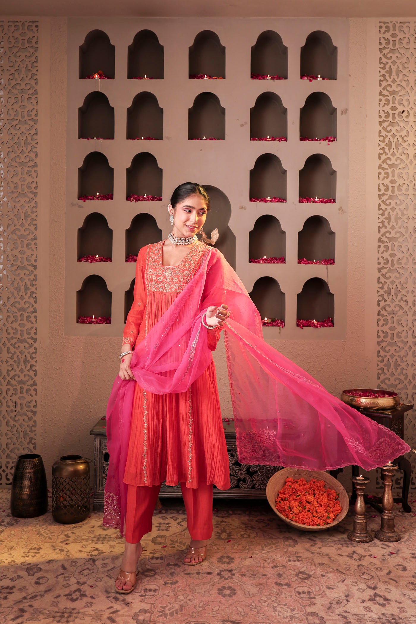 Coral peach pleated anarkali with shimmering accents