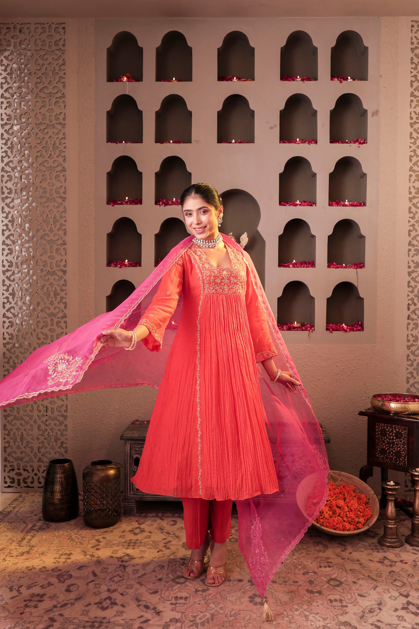 Coral peach pleated anarkali with shimmering accents