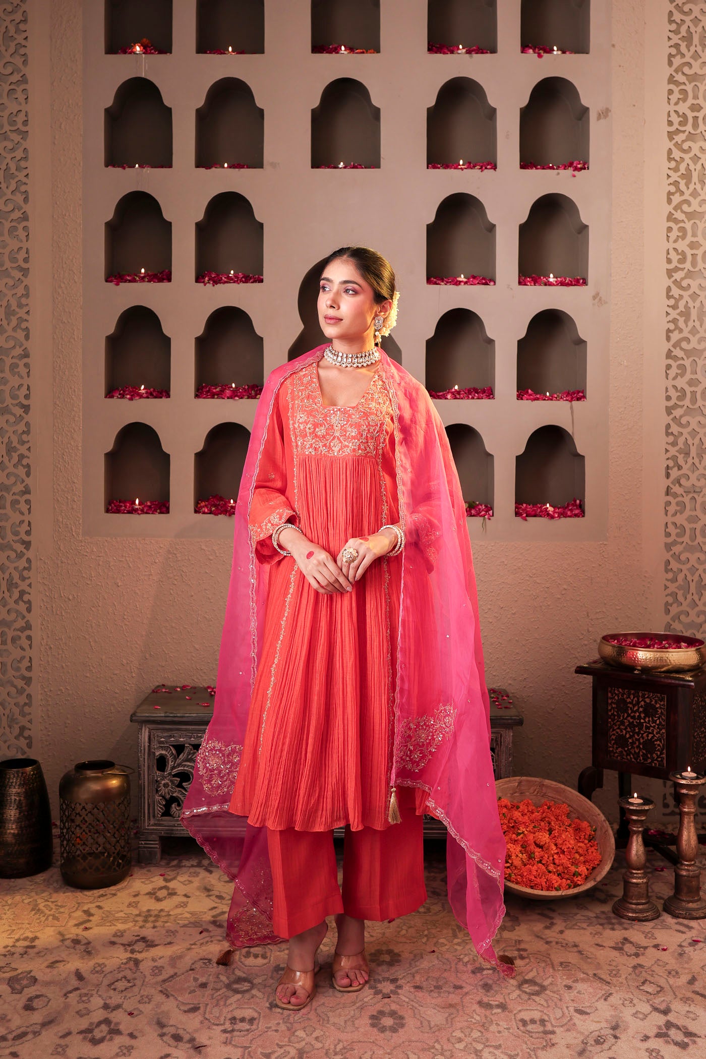 Coral peach pleated anarkali with shimmering accents