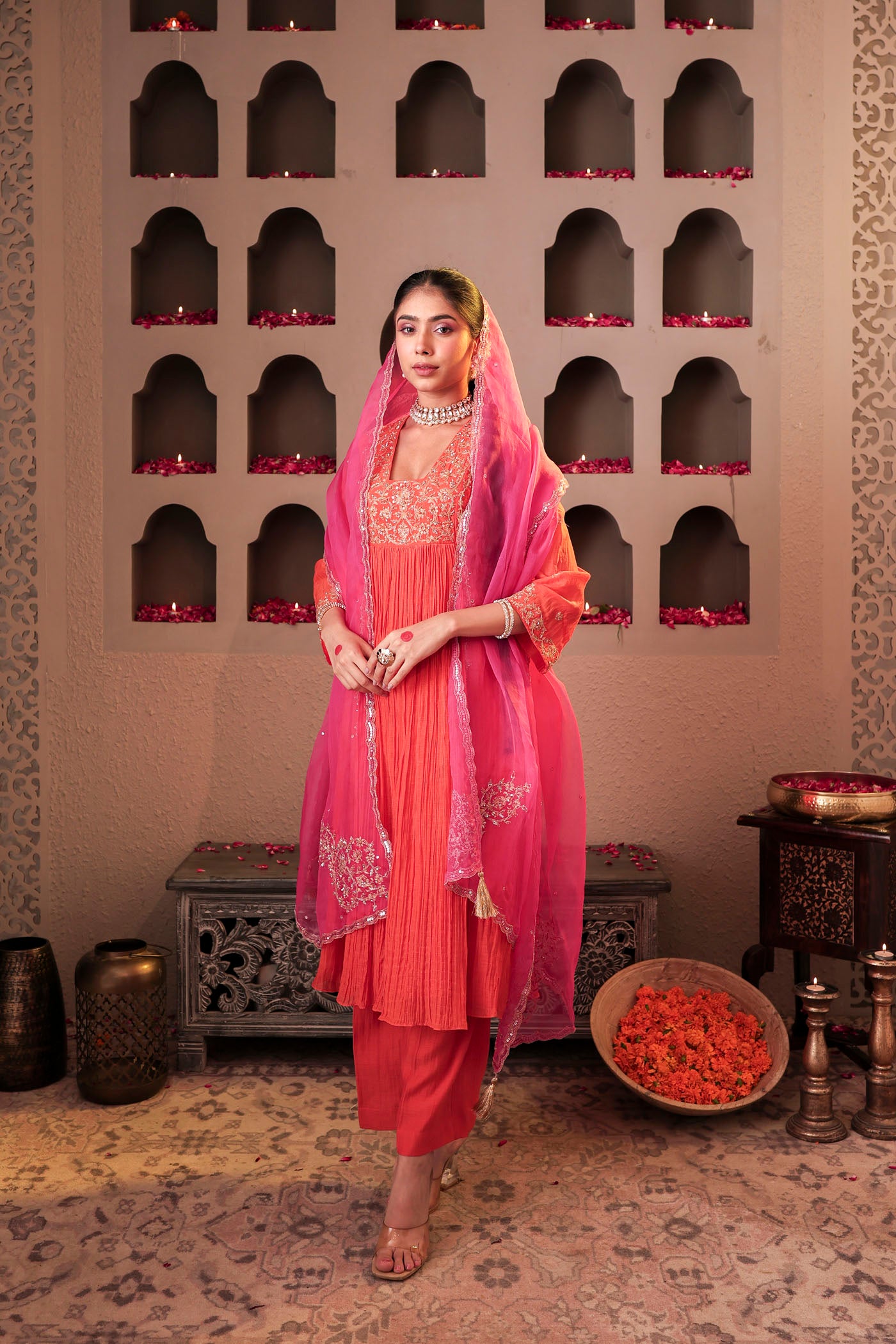 Coral peach pleated anarkali with shimmering accents