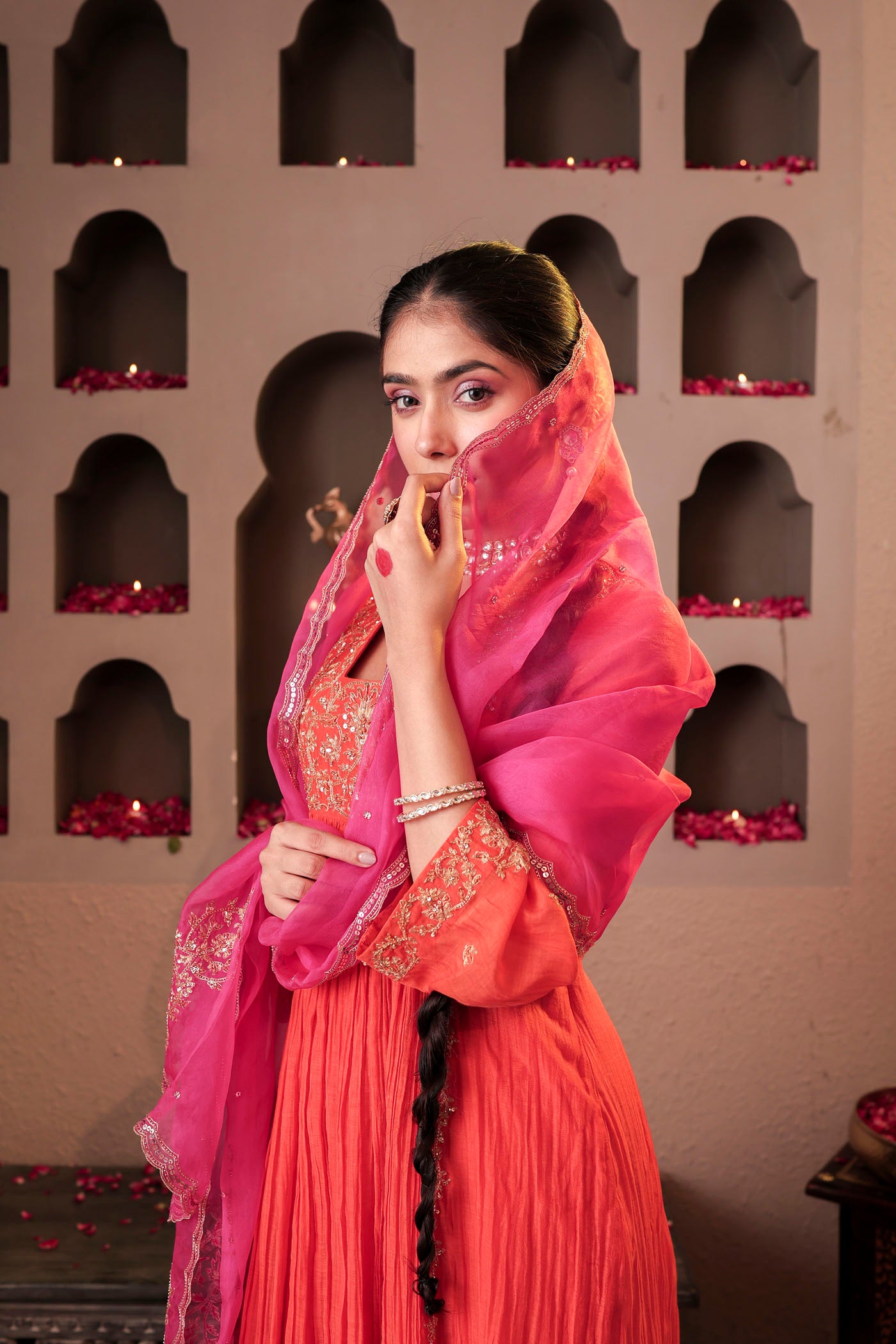 Coral peach pleated anarkali with shimmering accents