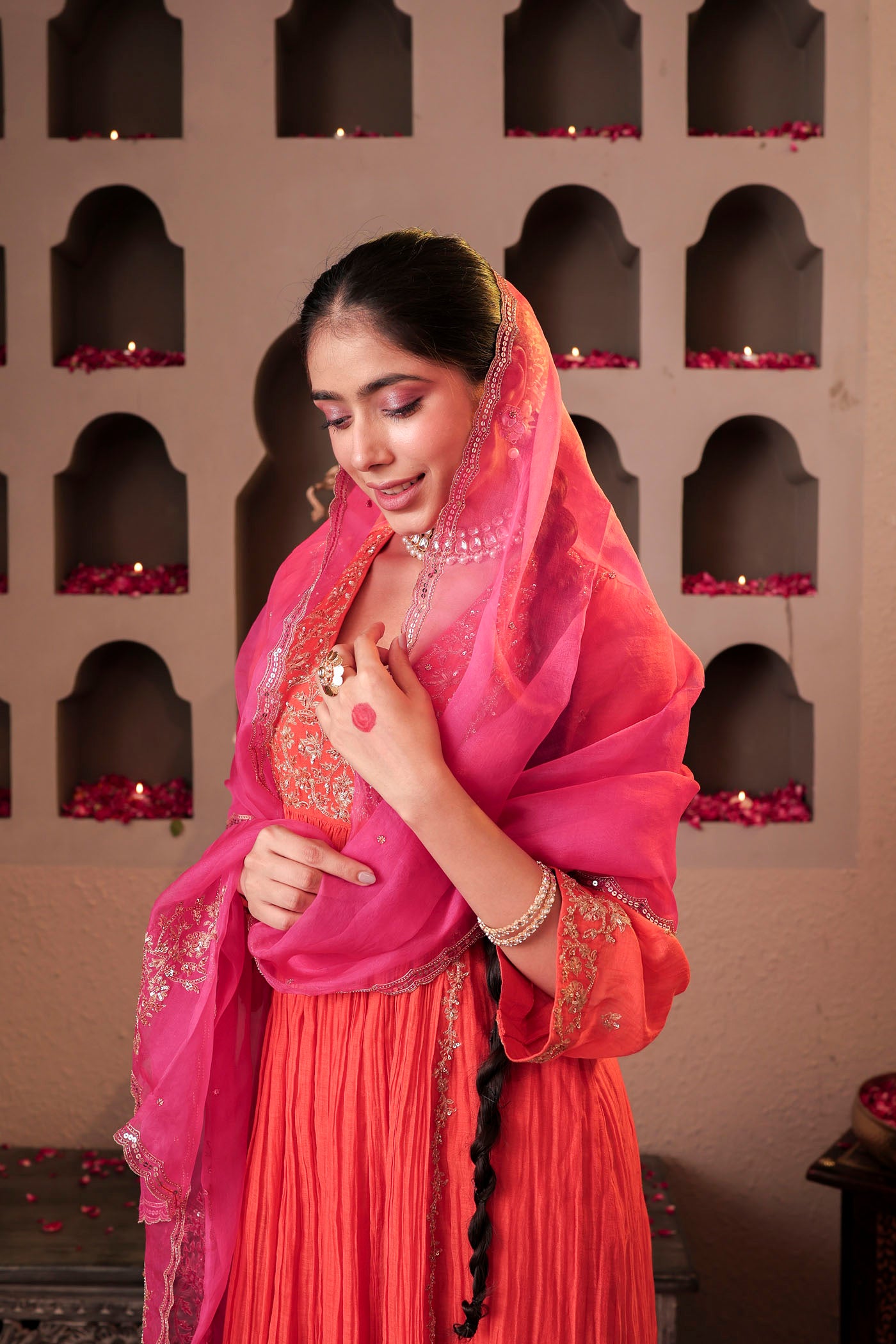 Coral peach pleated anarkali with shimmering accents