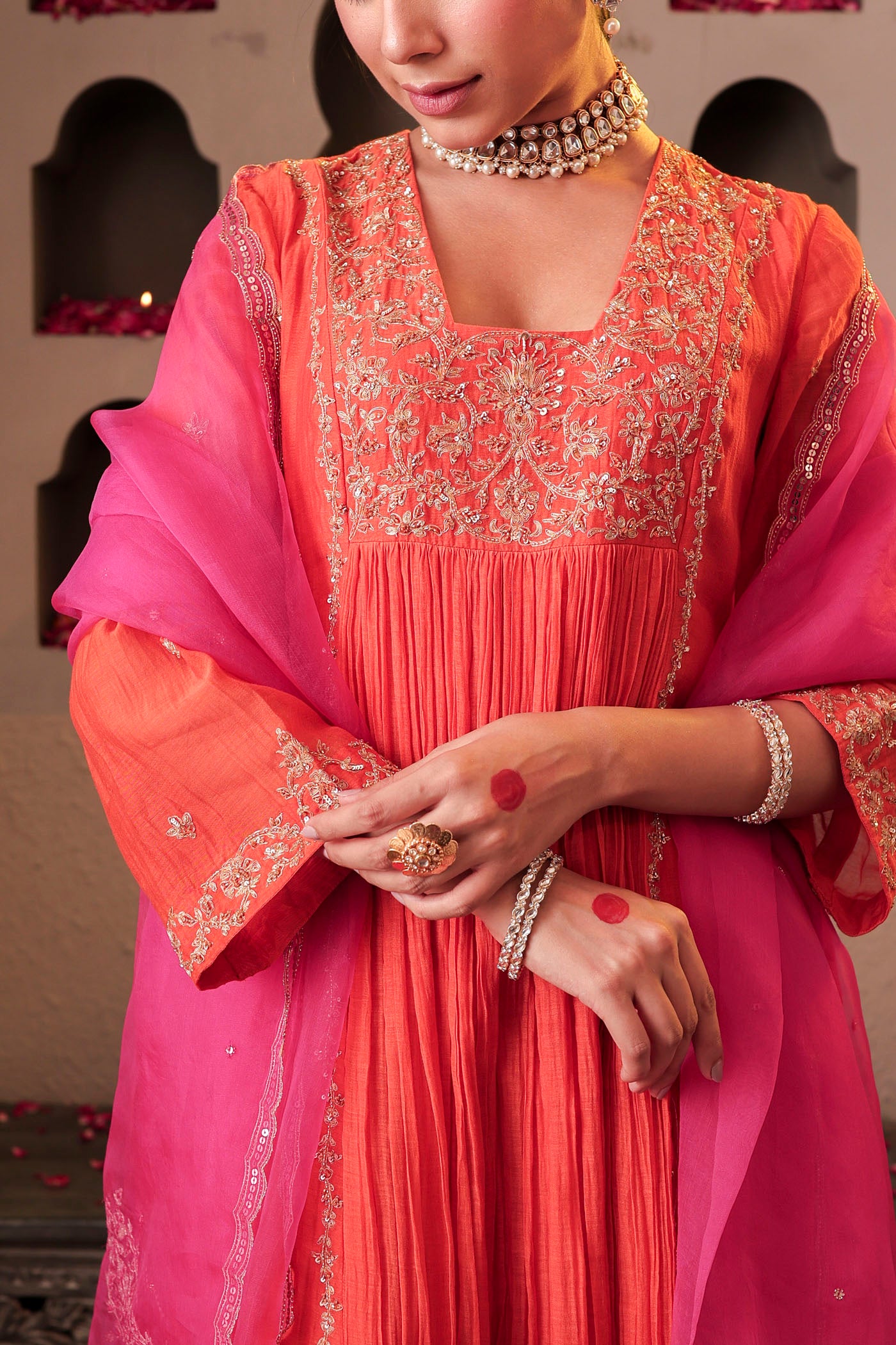 Coral peach pleated anarkali with shimmering accents