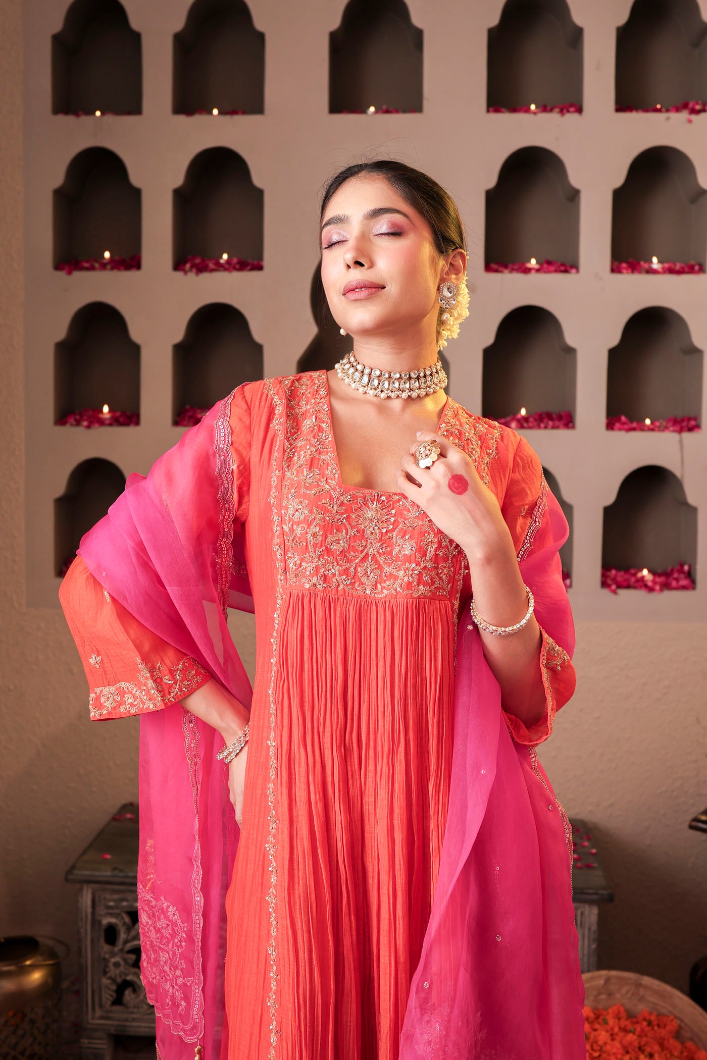 Coral peach pleated anarkali with shimmering accents