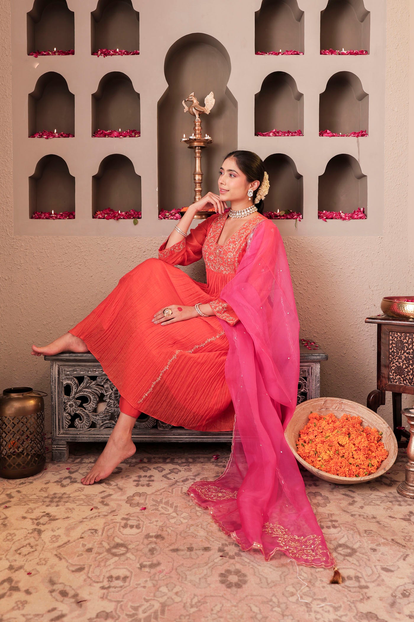 Coral peach pleated anarkali with shimmering accents