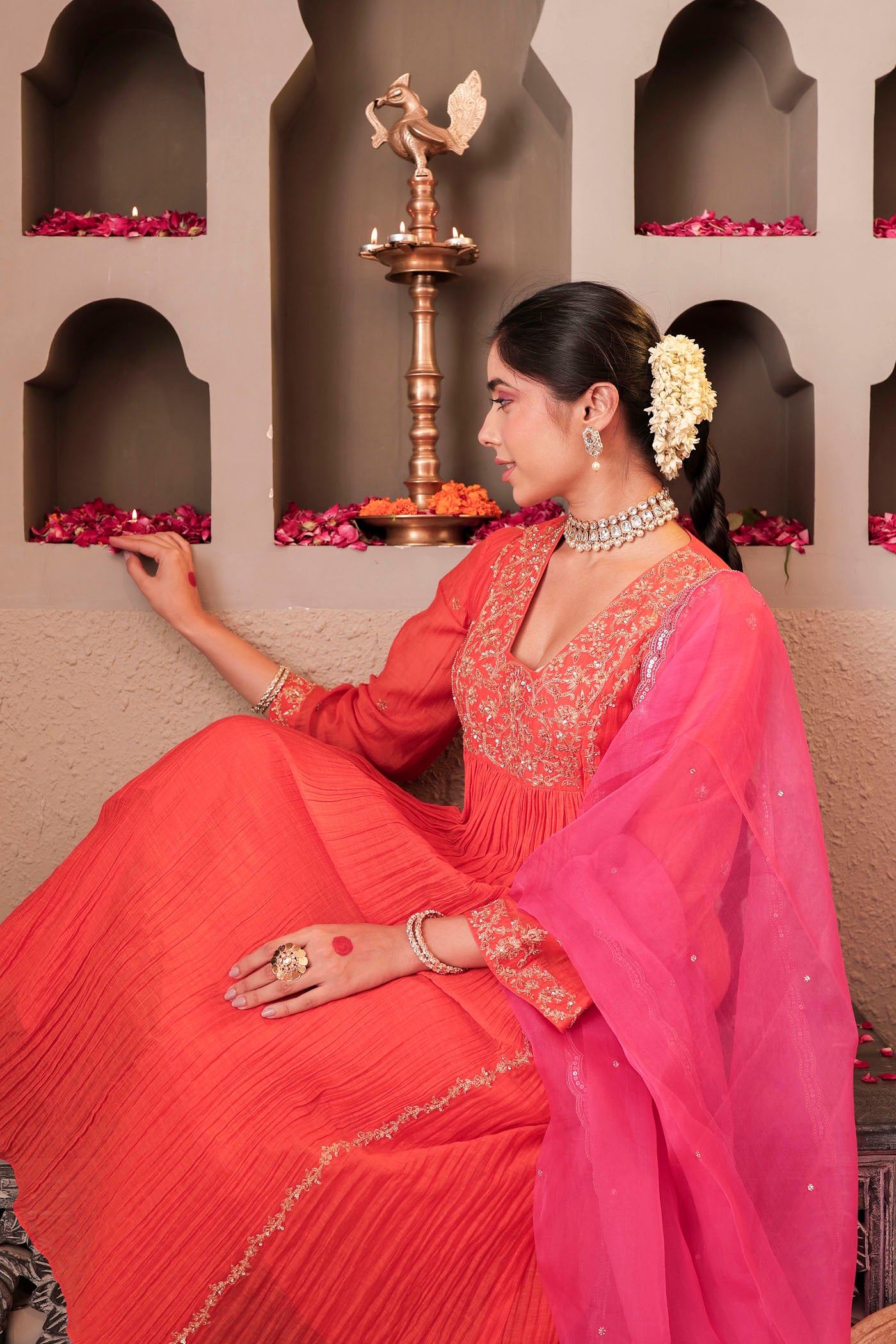 Coral peach pleated anarkali with shimmering accents
