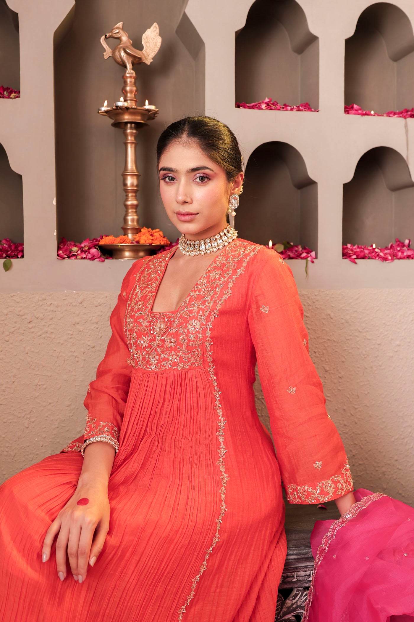 Coral peach pleated anarkali with shimmering accents