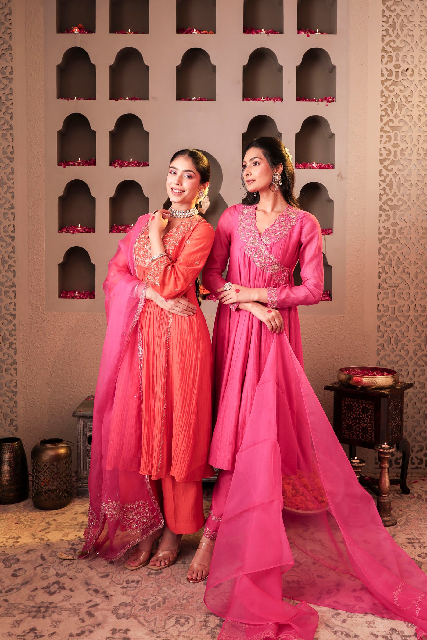 Coral peach pleated anarkali with shimmering accents