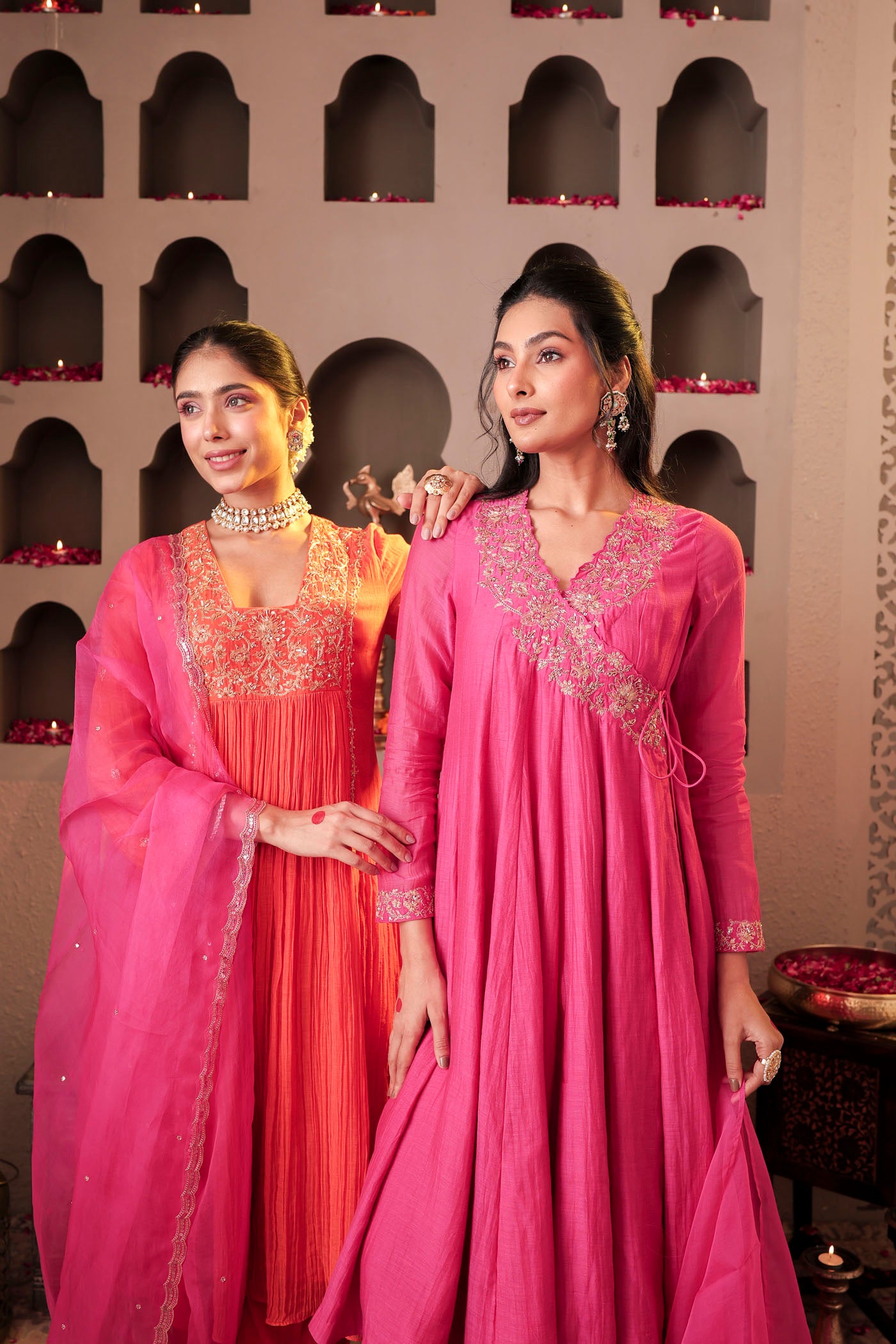 Coral peach pleated anarkali with shimmering accents
