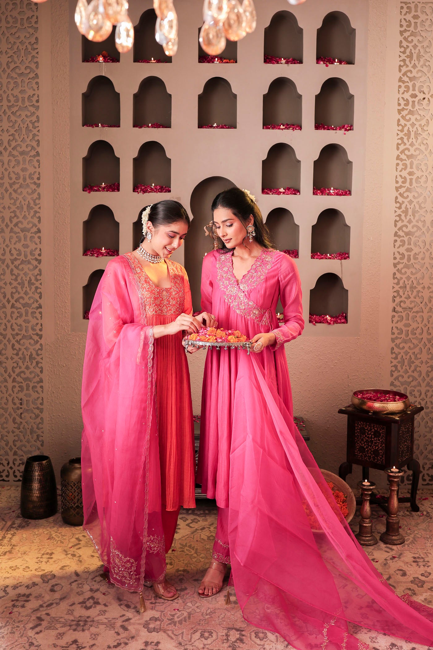 Coral peach pleated anarkali with shimmering accents