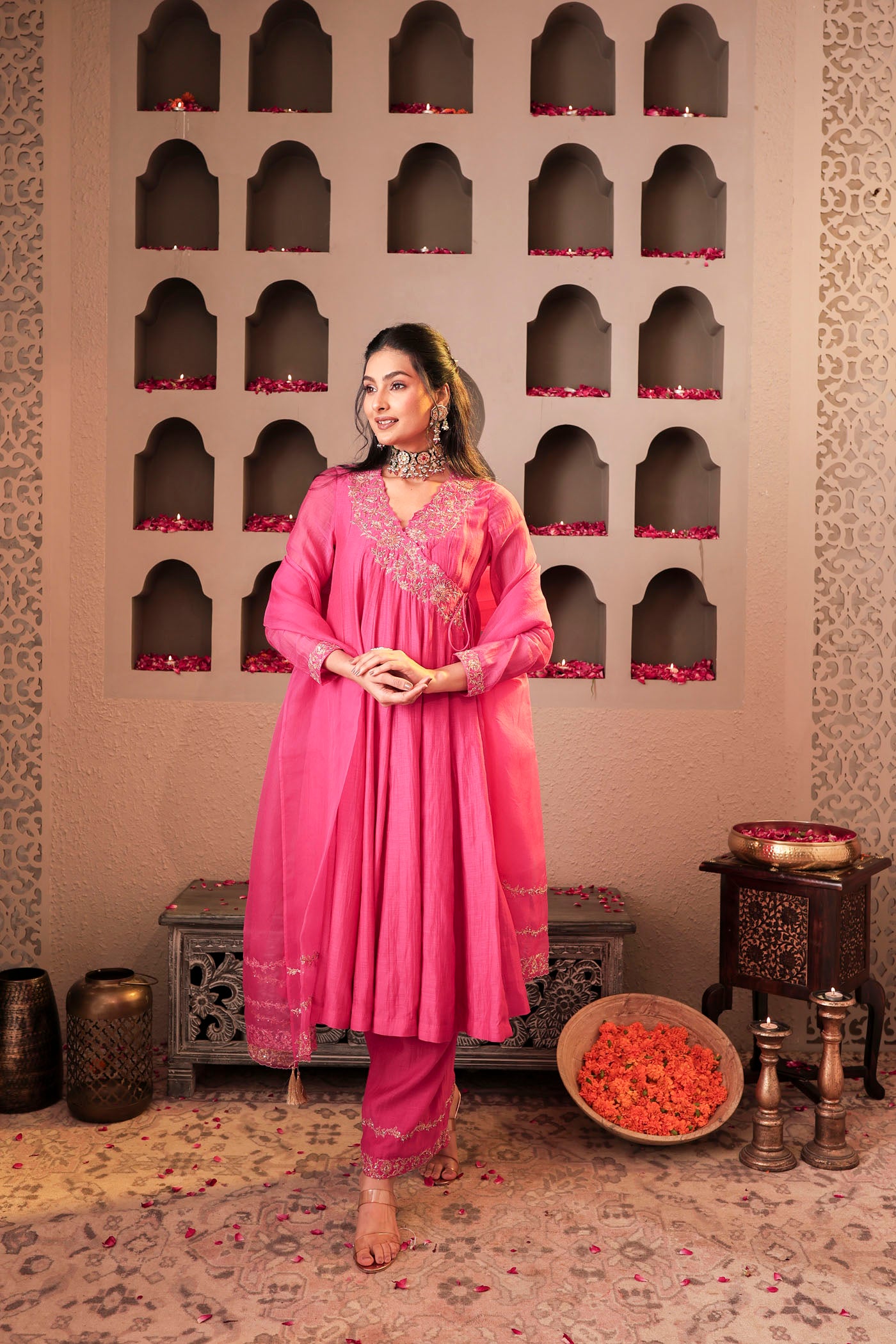 Rose pink angrakha with delicate sequin work
