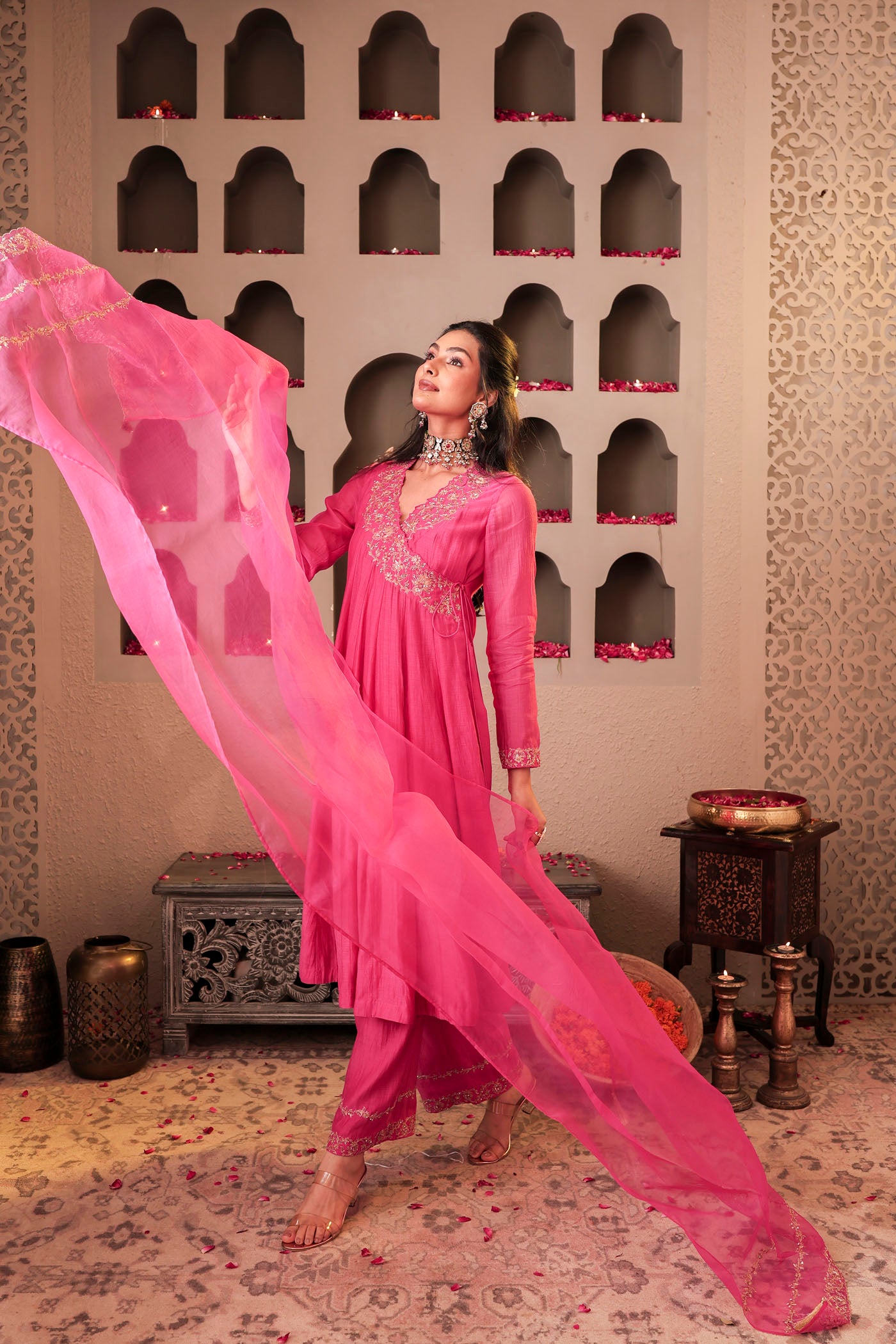 Rose pink angrakha with delicate sequin work