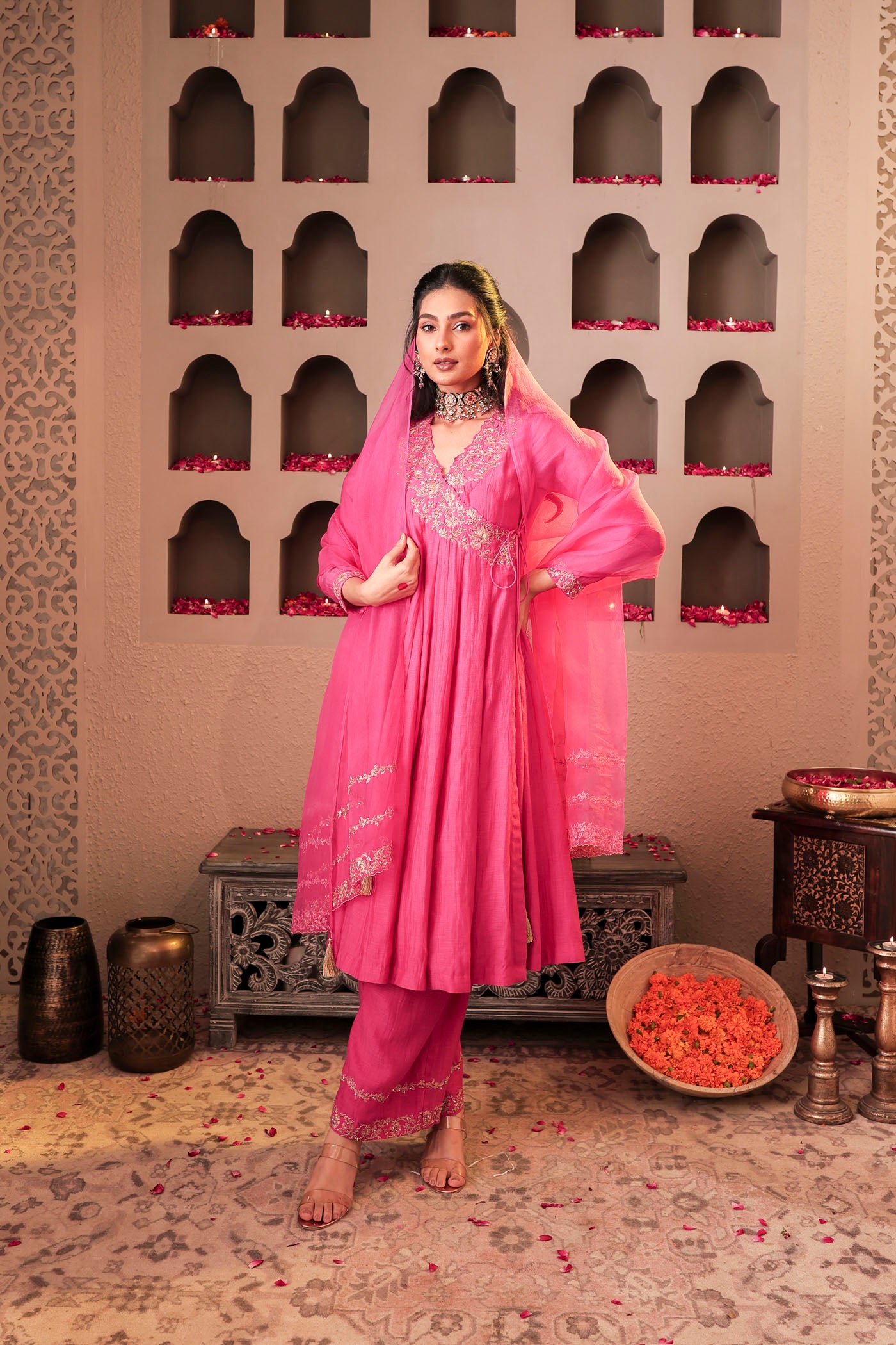 Rose pink angrakha with delicate sequin work