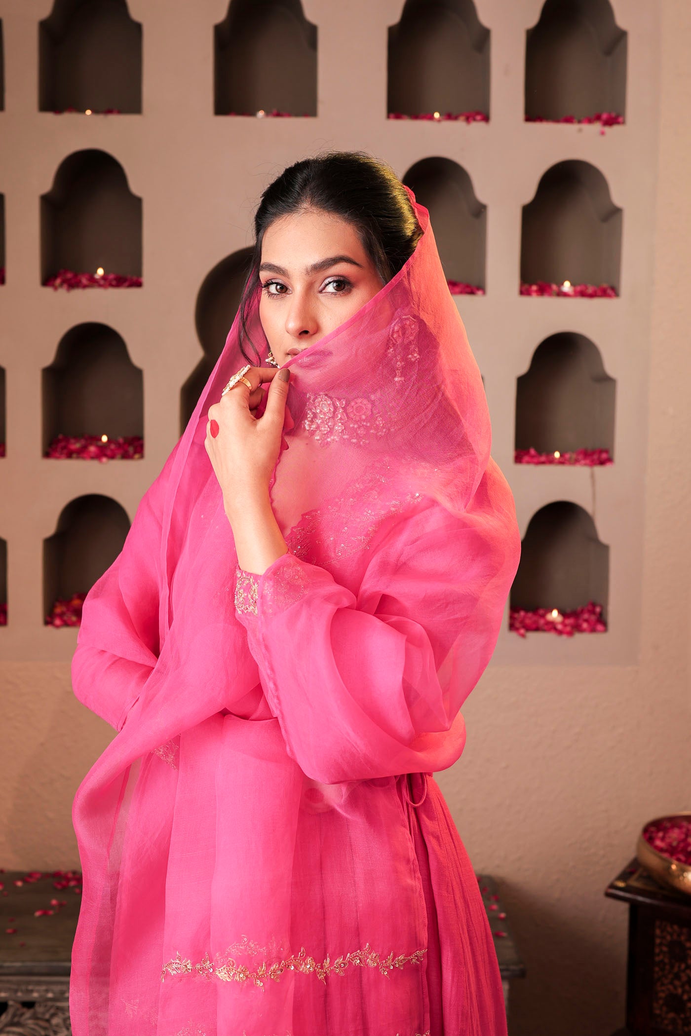 Rose pink angrakha with delicate sequin work