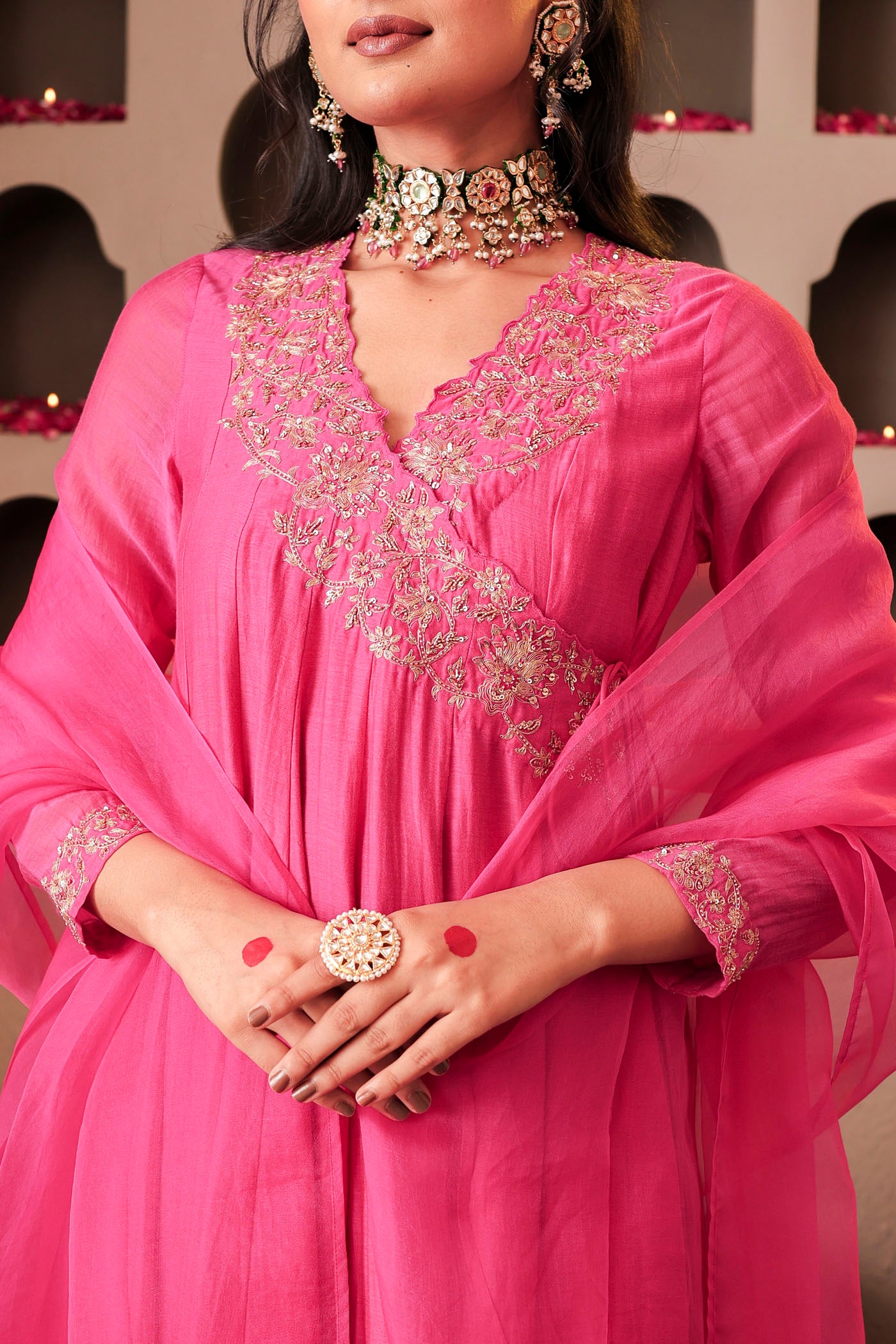 Rose pink angrakha with delicate sequin work