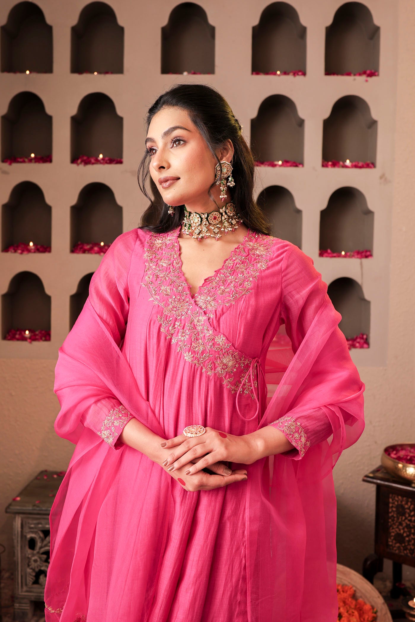 Rose pink angrakha with delicate sequin work