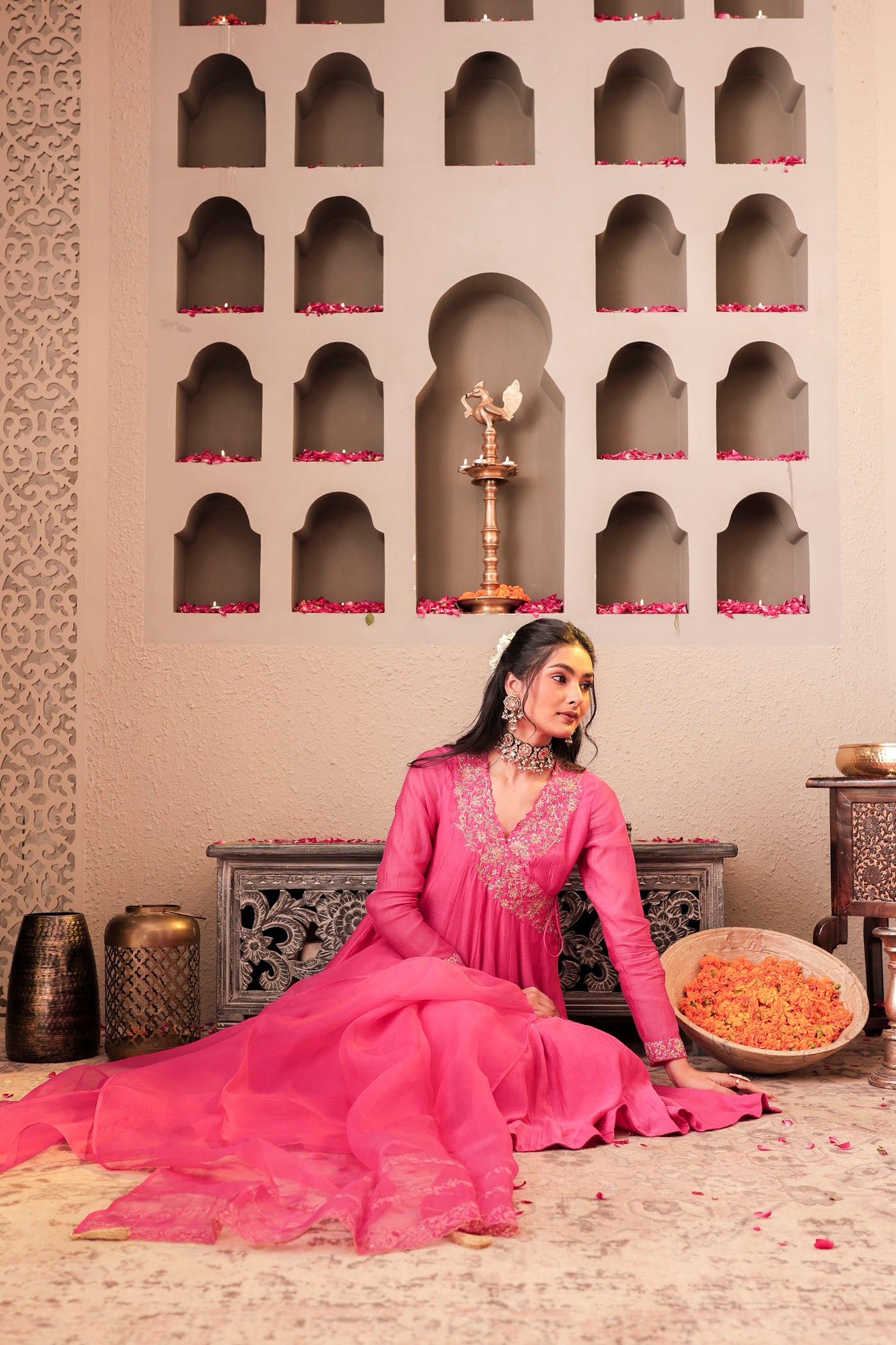 Rose pink angrakha with delicate sequin work