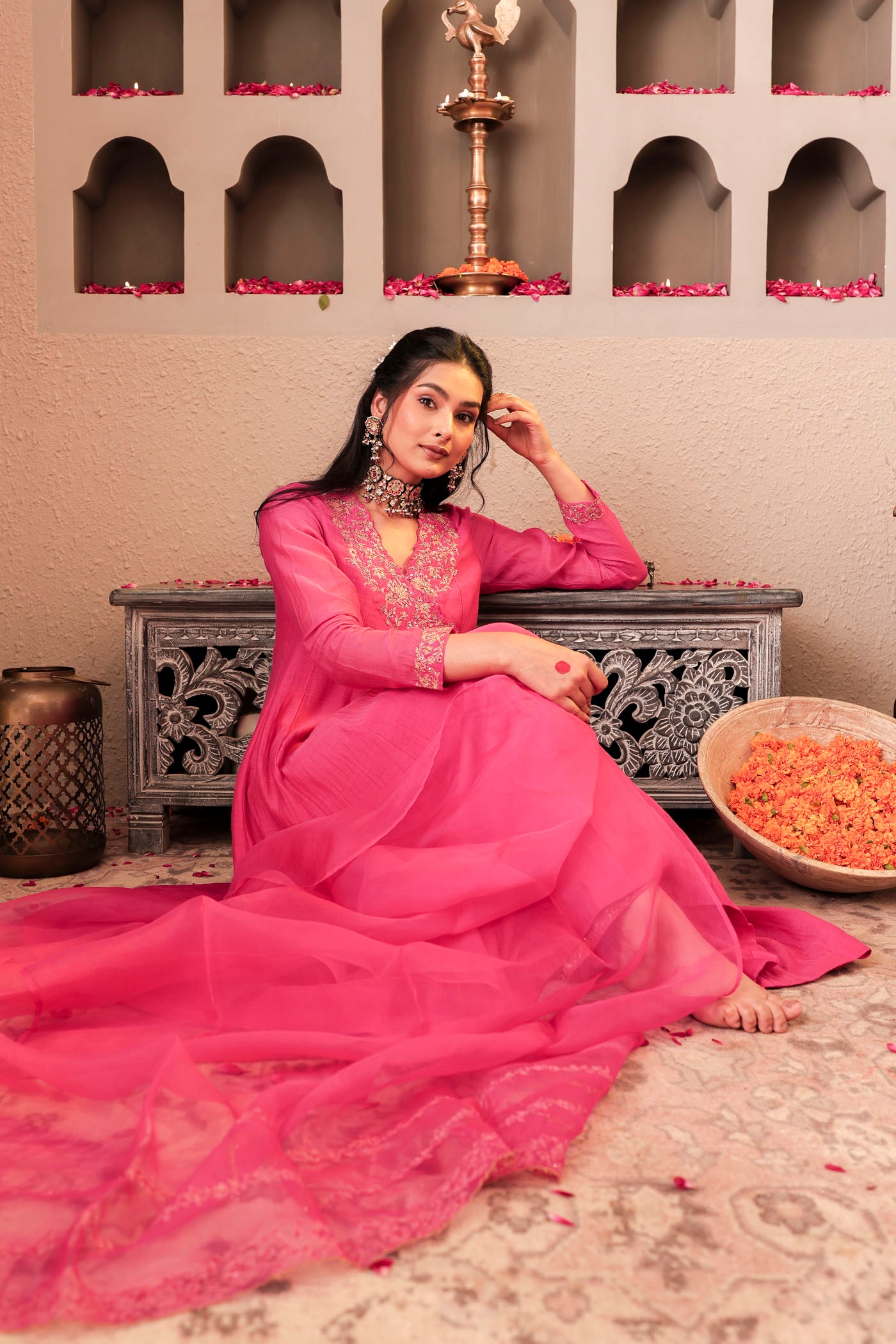 Rose pink angrakha with delicate sequin work
