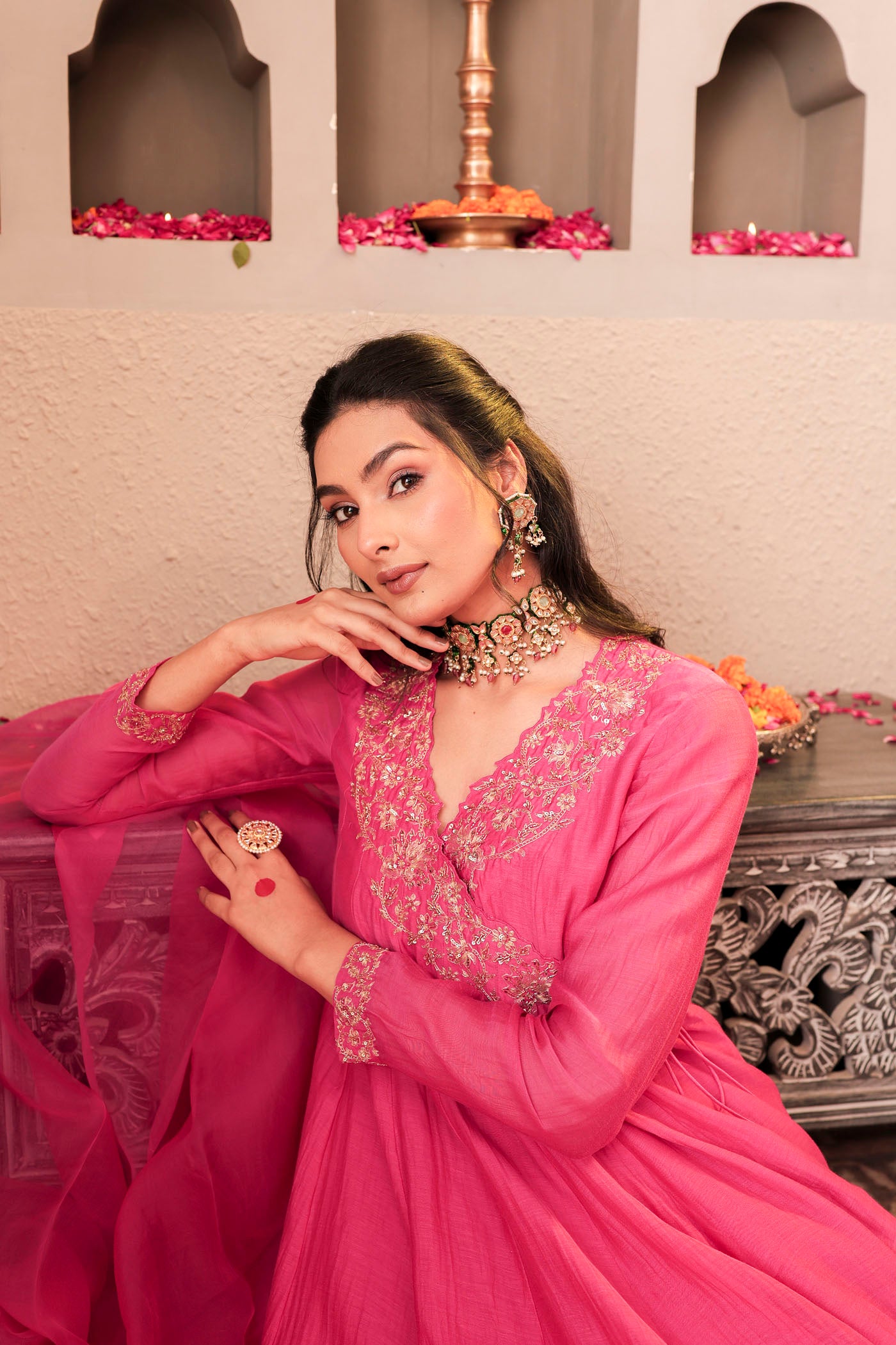 Rose pink angrakha with delicate sequin work