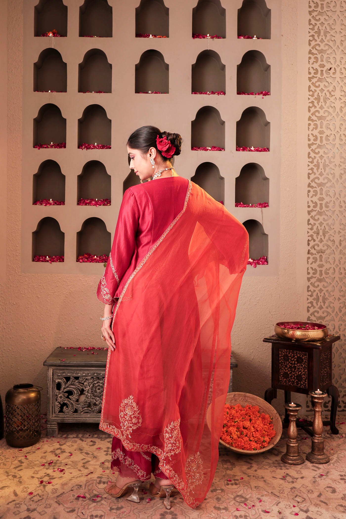 Ruby red kurta set with floral motif embroidery