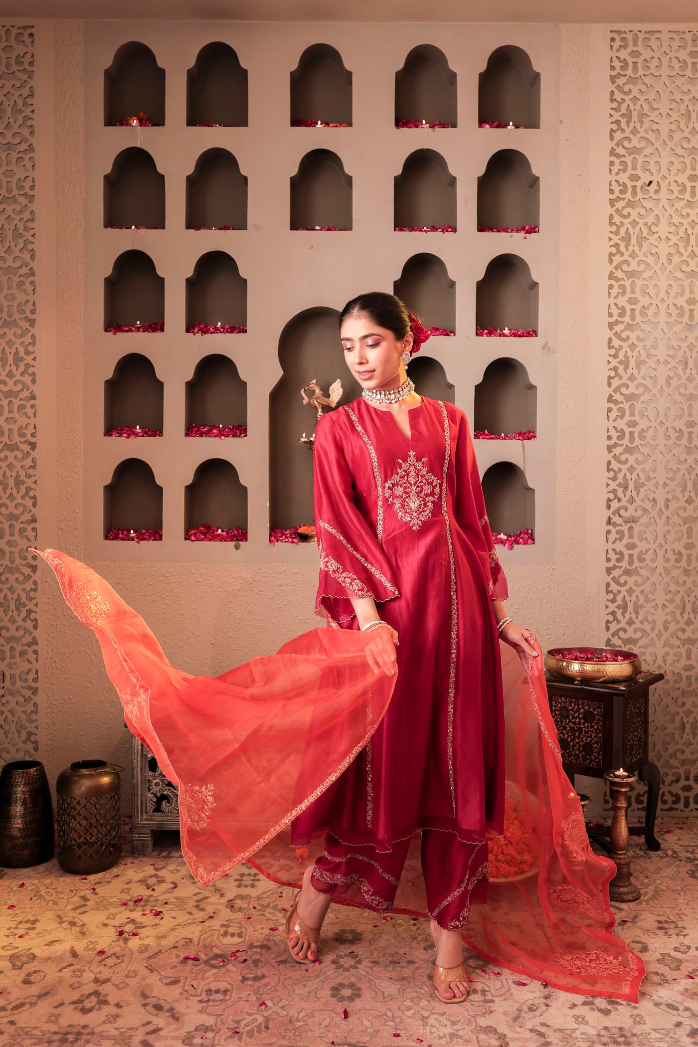 Ruby red kurta set with floral motif embroidery