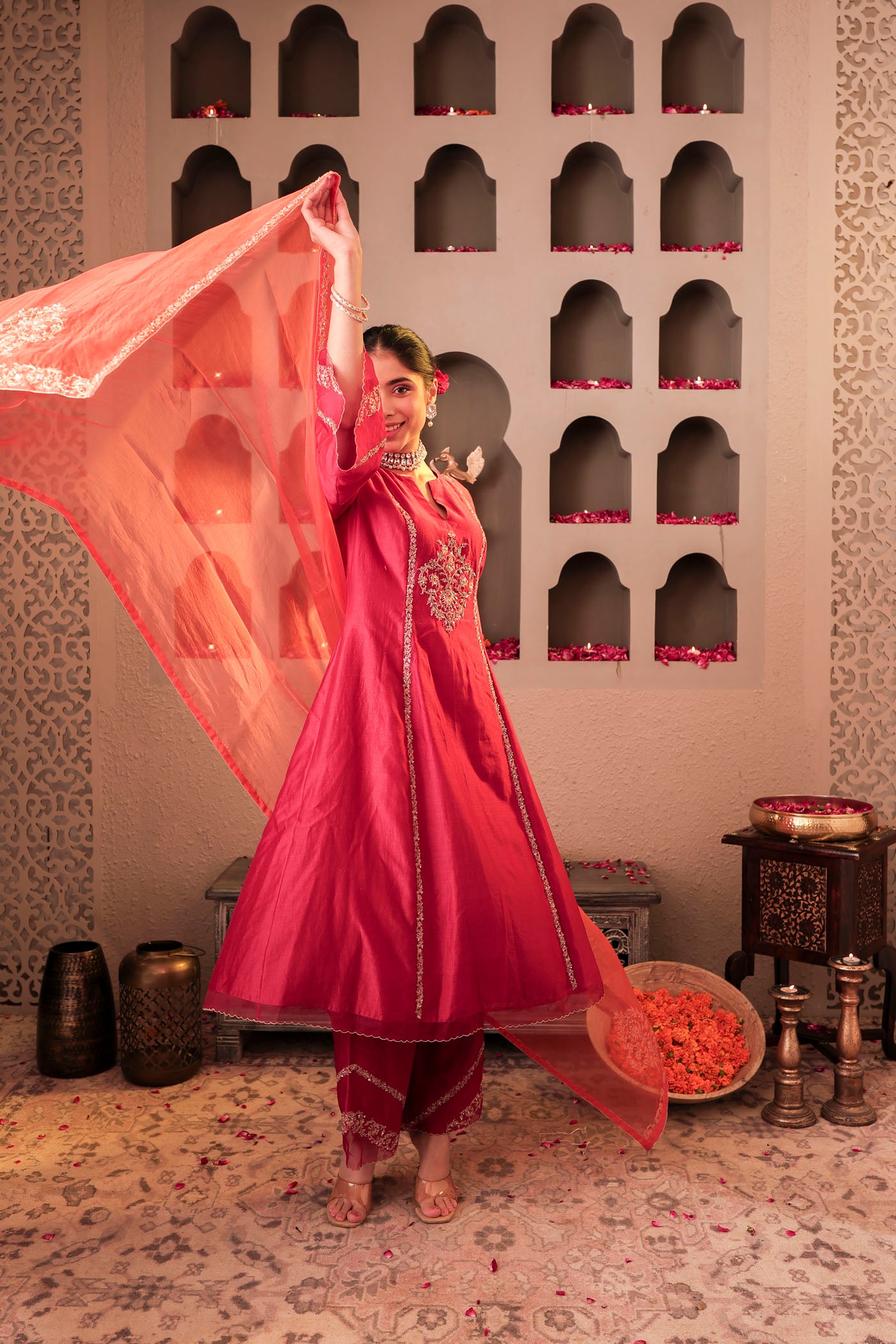 Ruby red kurta set with floral motif embroidery