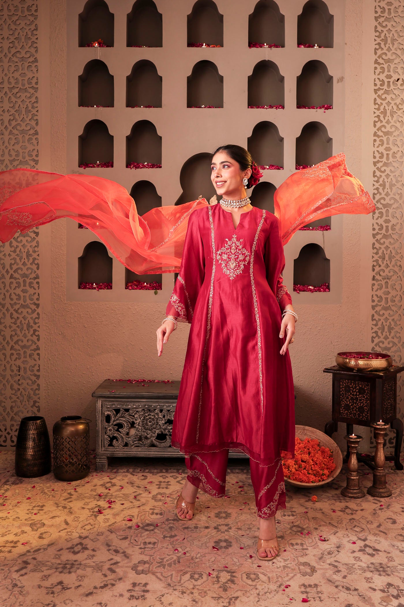 Ruby red kurta set with floral motif embroidery