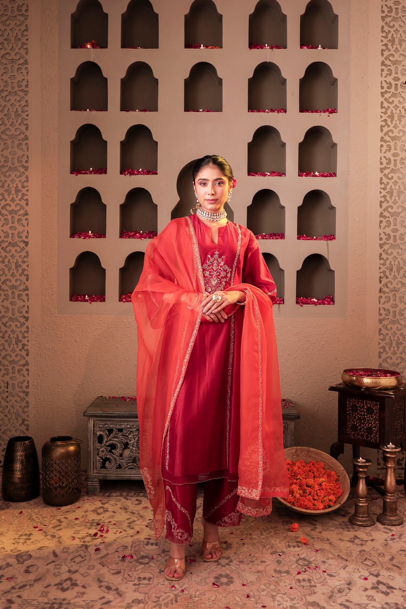 Ruby red kurta set with floral motif embroidery