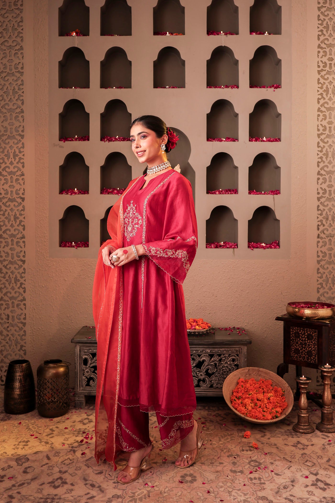 Ruby red kurta set with floral motif embroidery