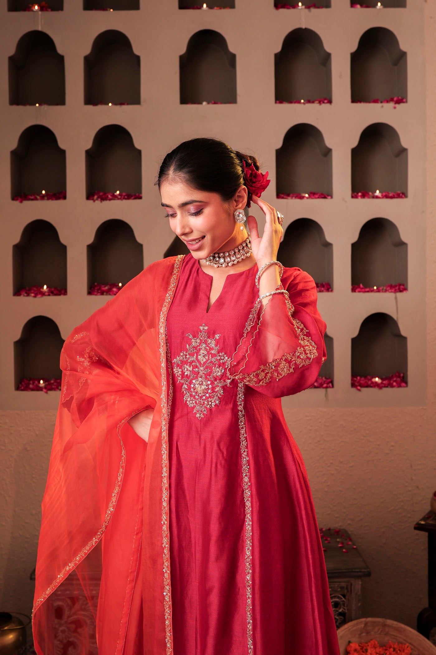 Ruby red kurta set with floral motif embroidery