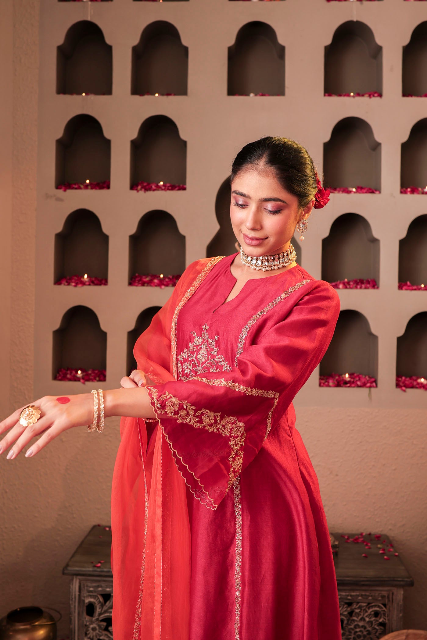 Ruby red kurta set with floral motif embroidery