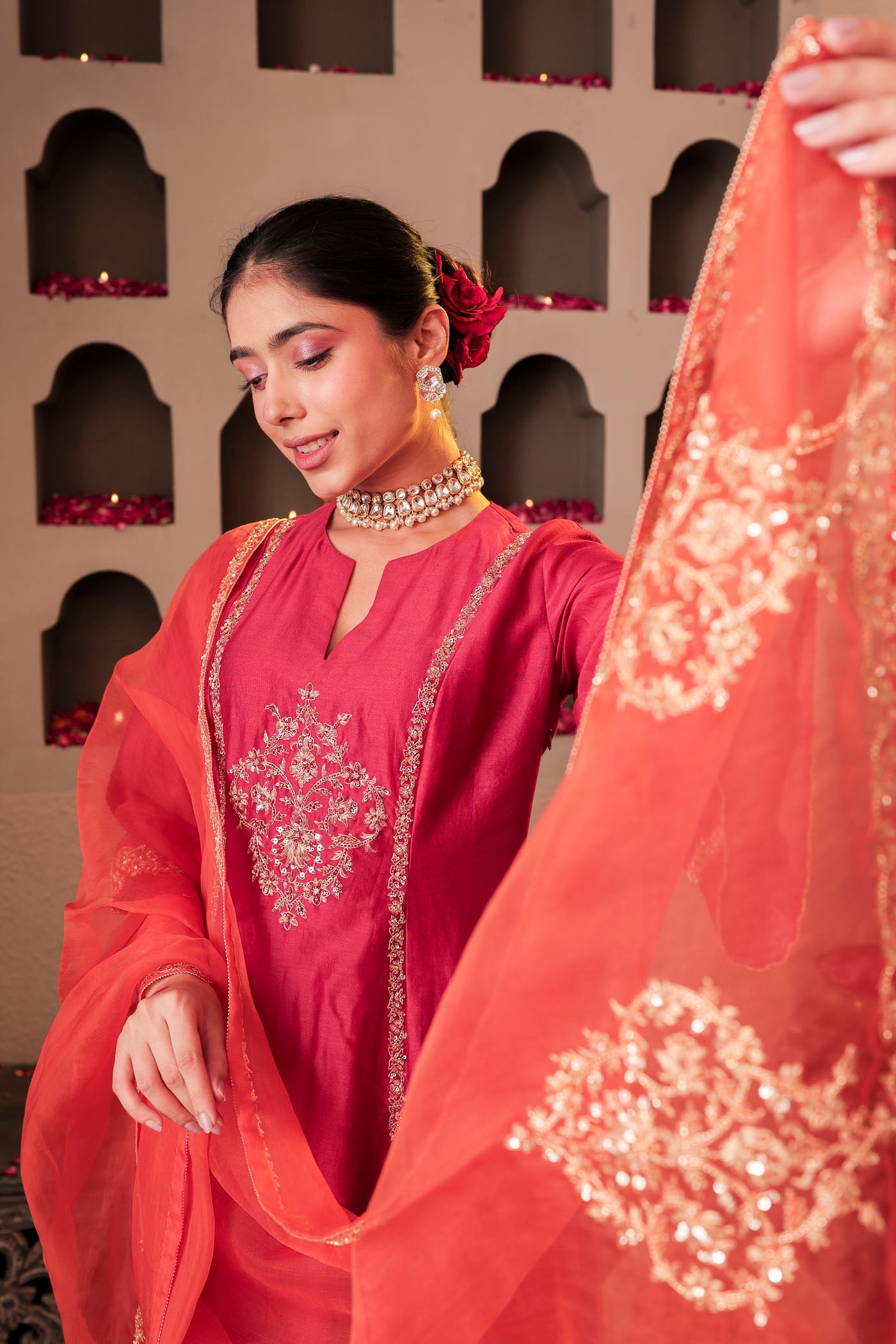 Ruby red kurta set with floral motif embroidery