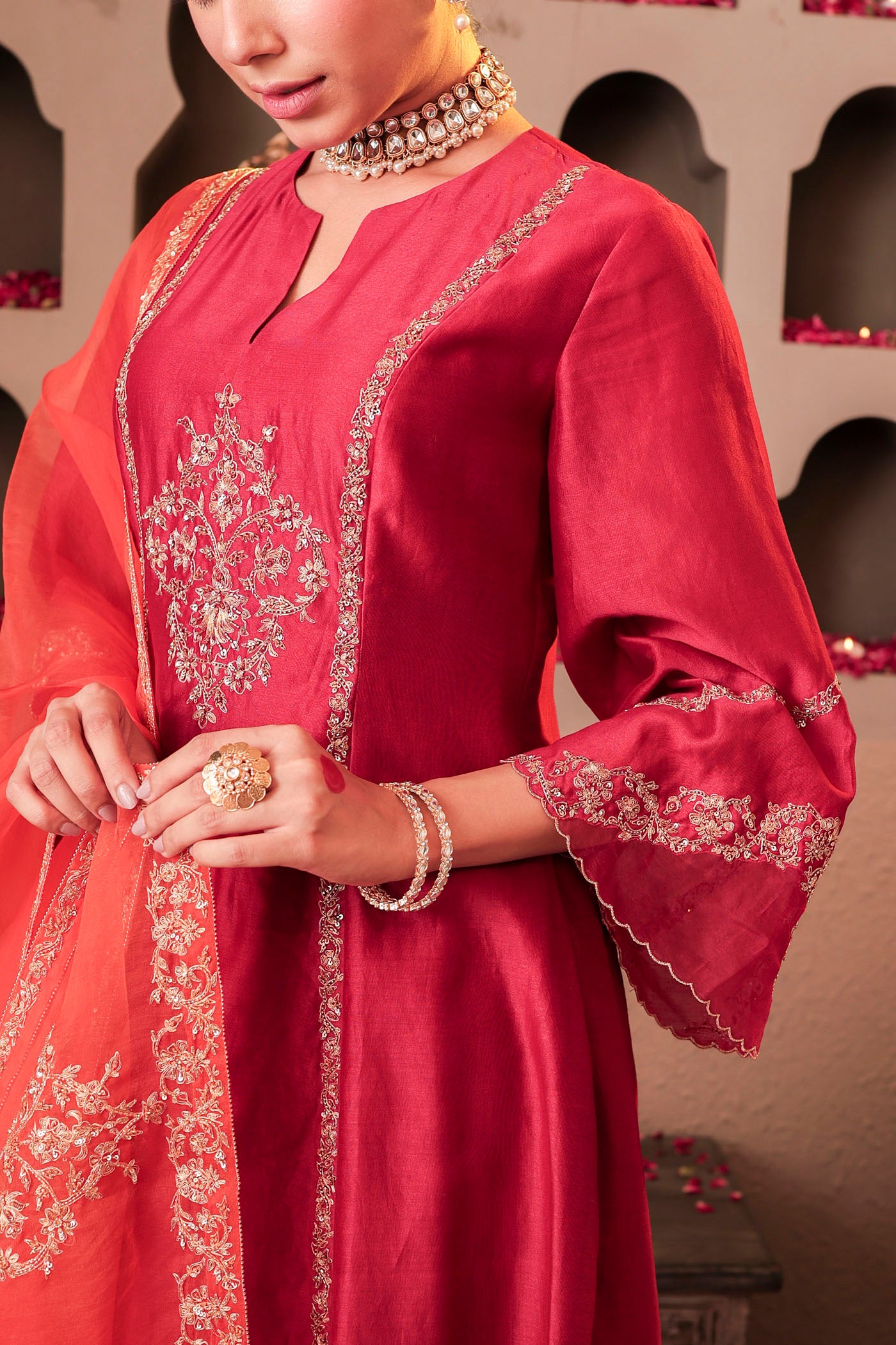 Ruby red kurta set with floral motif embroidery