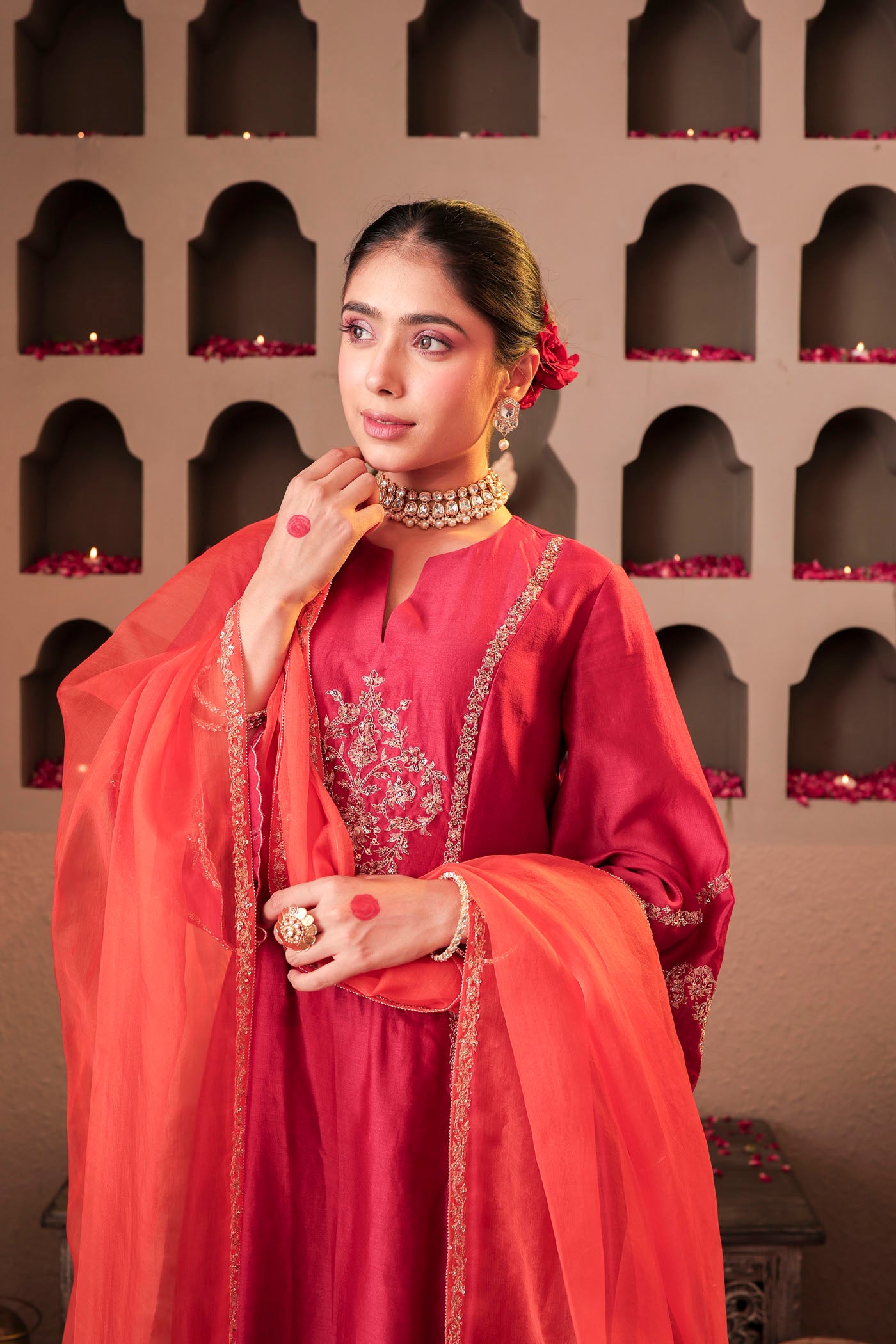 Ruby red kurta set with floral motif embroidery