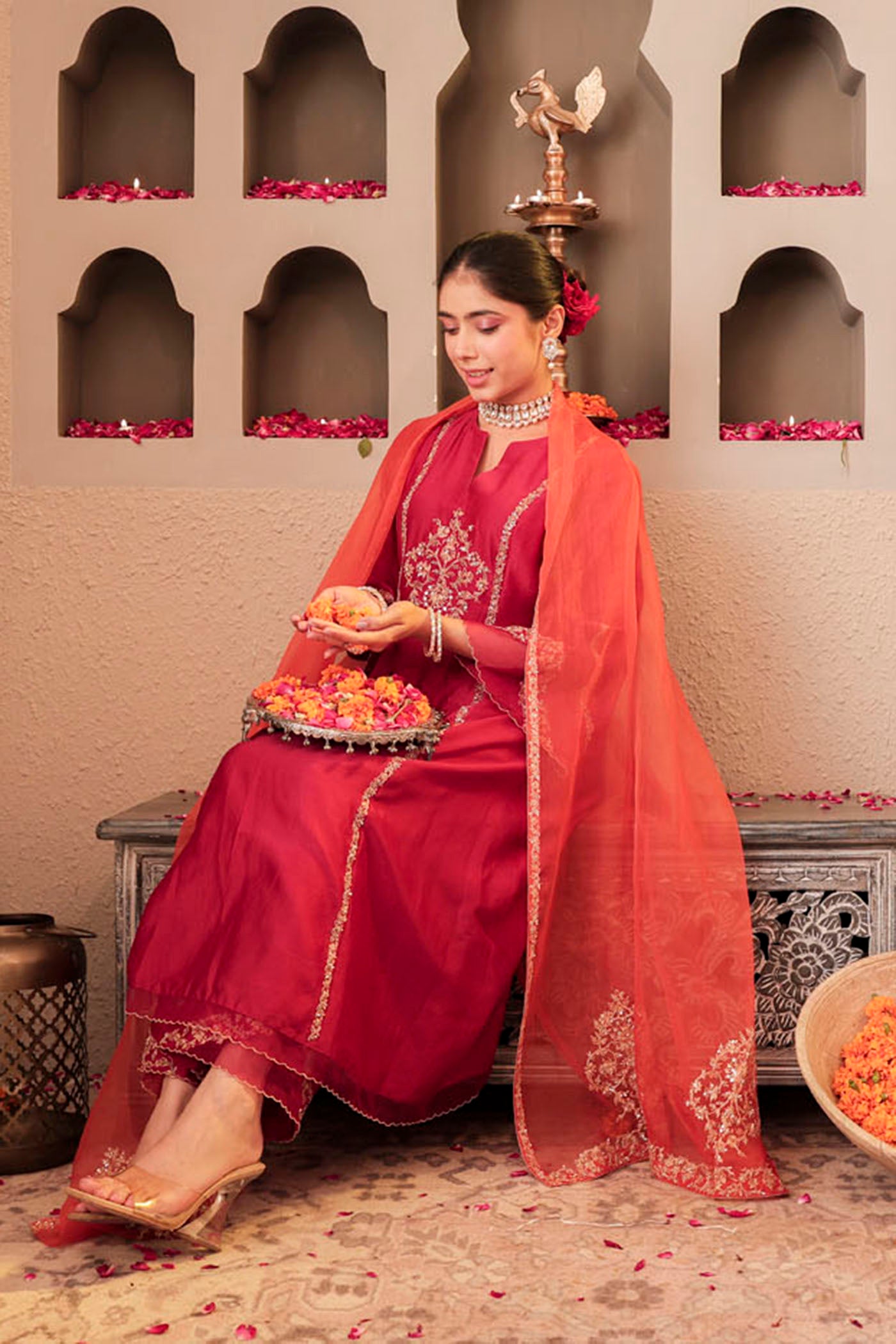 Ruby red kurta set with floral motif embroidery
