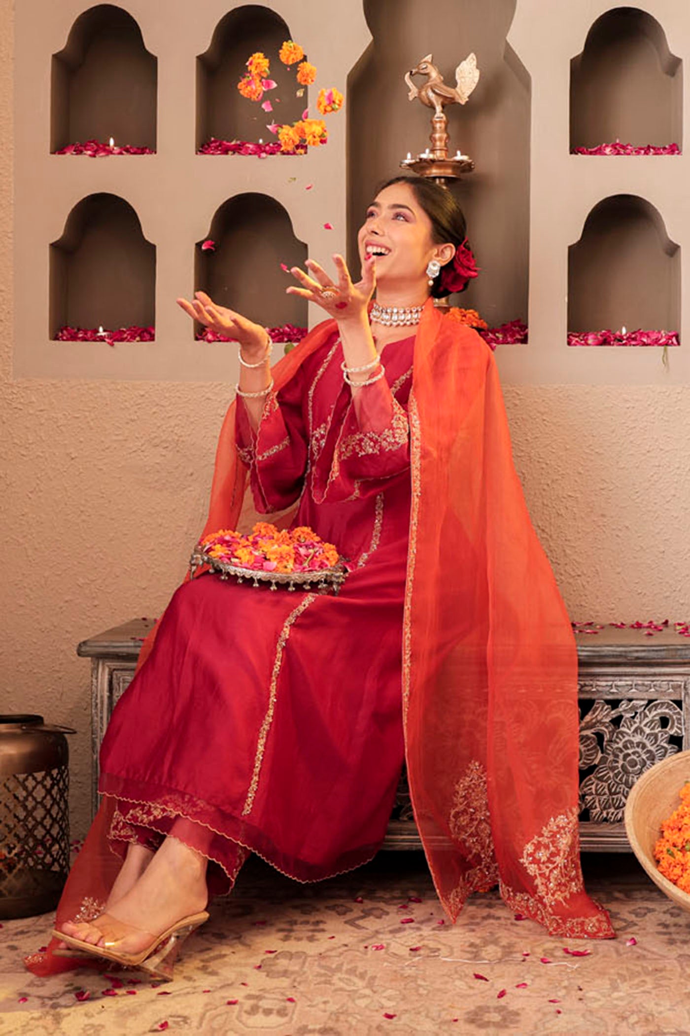 Ruby red kurta set with floral motif embroidery