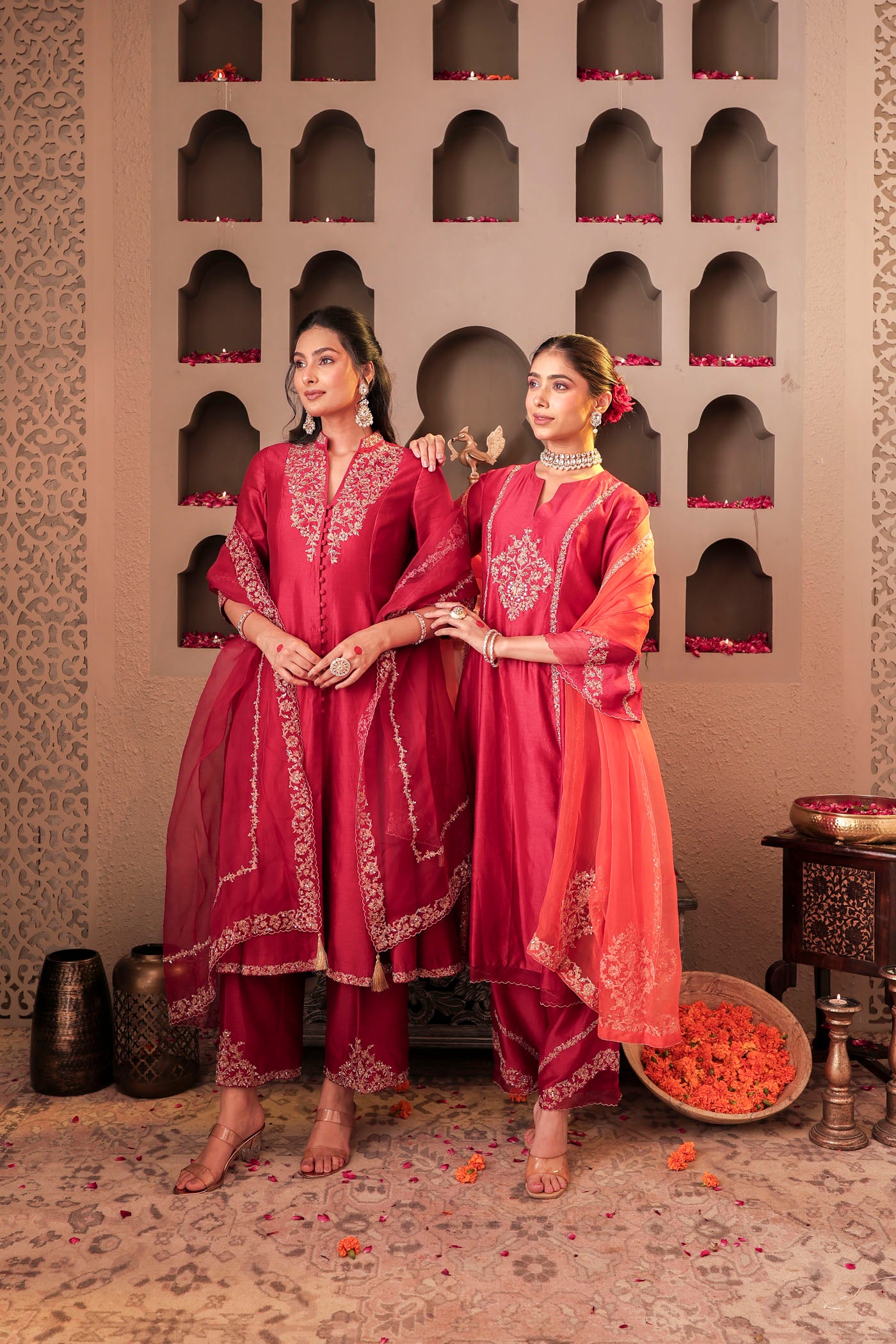Ruby red kurta set with floral motif embroidery