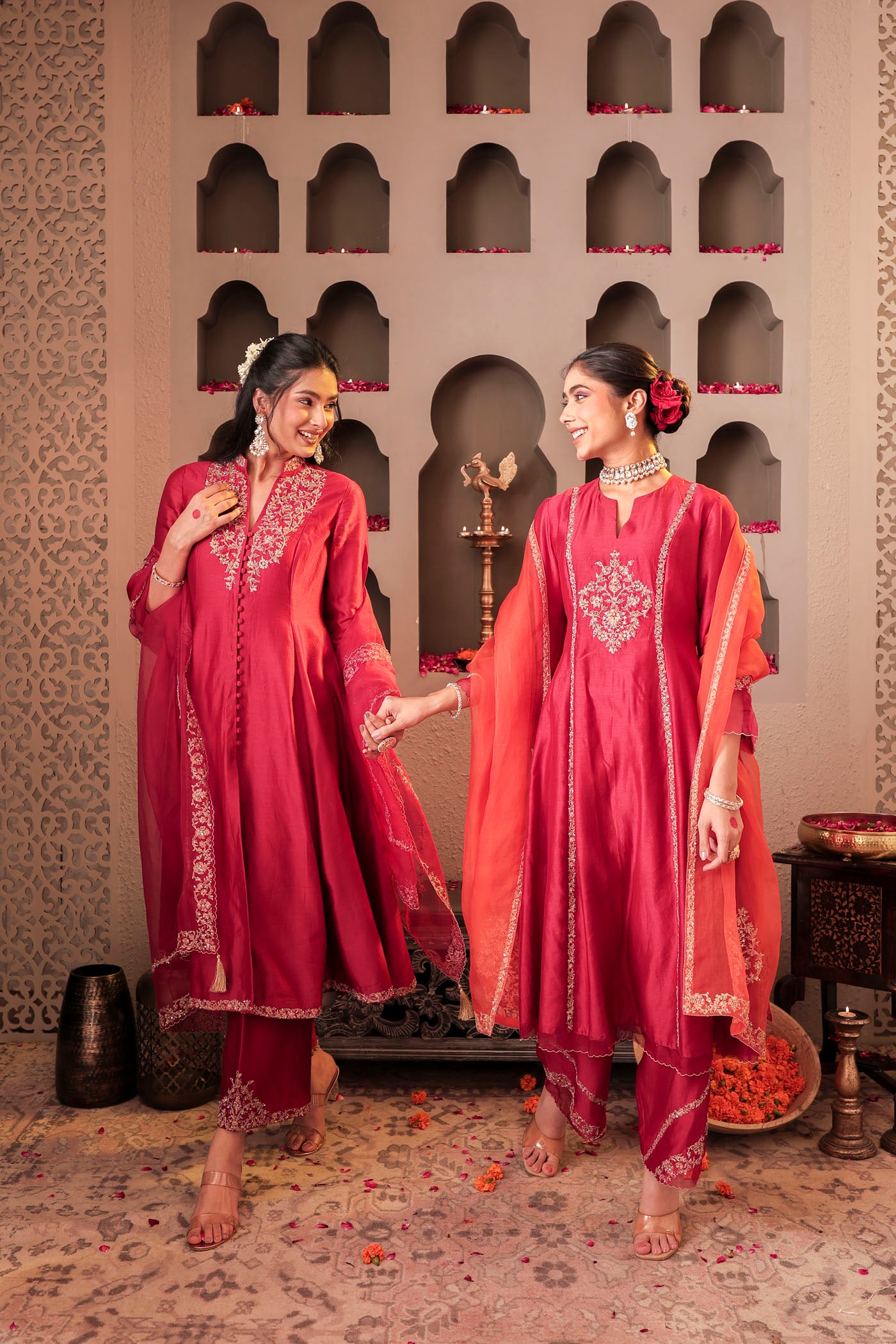 Ruby red kurta set with floral motif embroidery