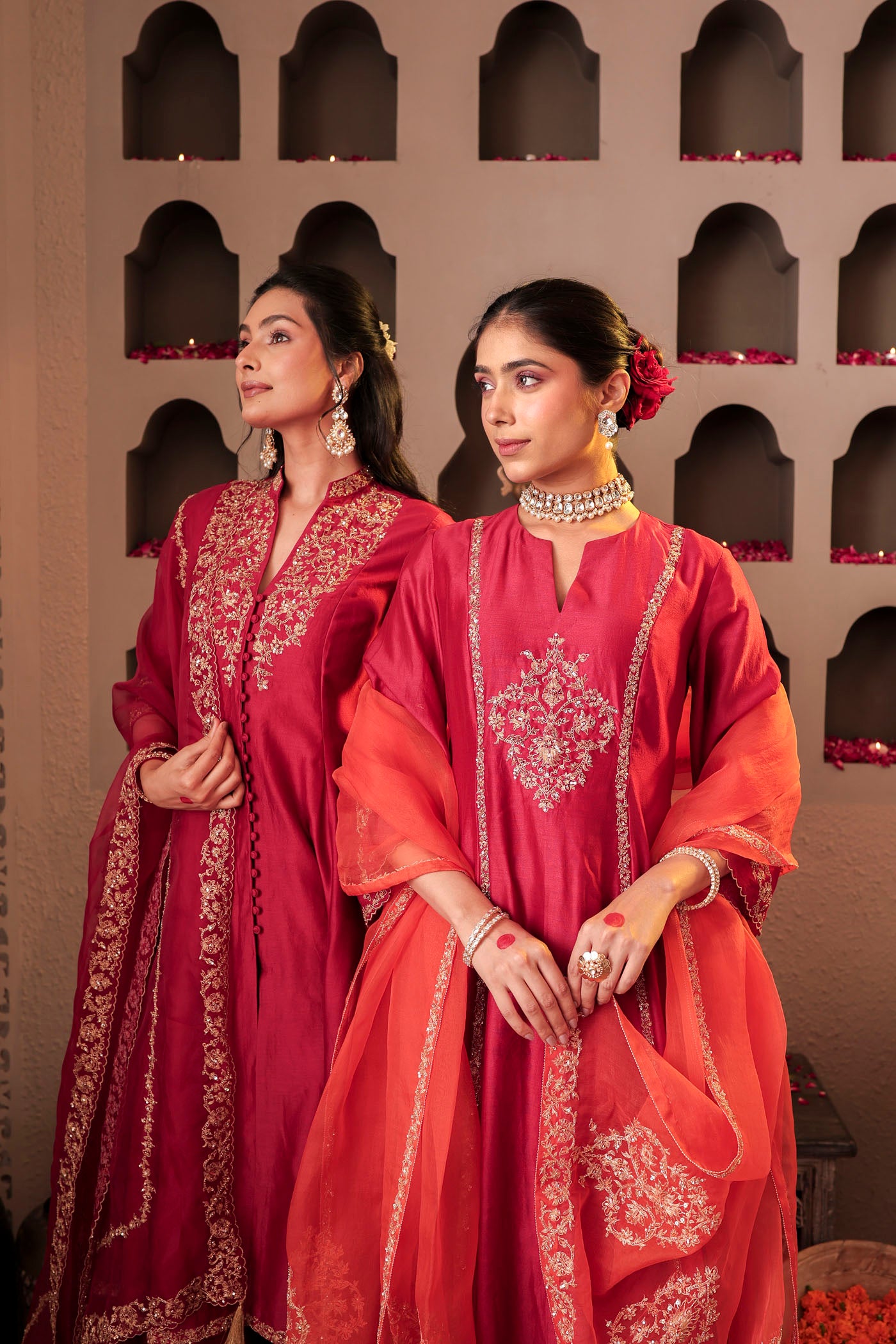 Ruby red kurta set with floral motif embroidery