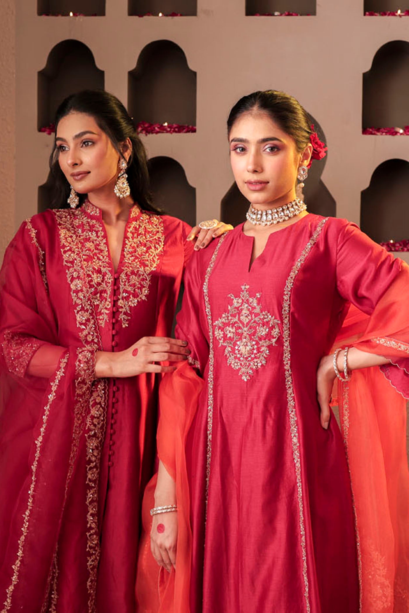 Ruby red kurta set with floral motif embroidery