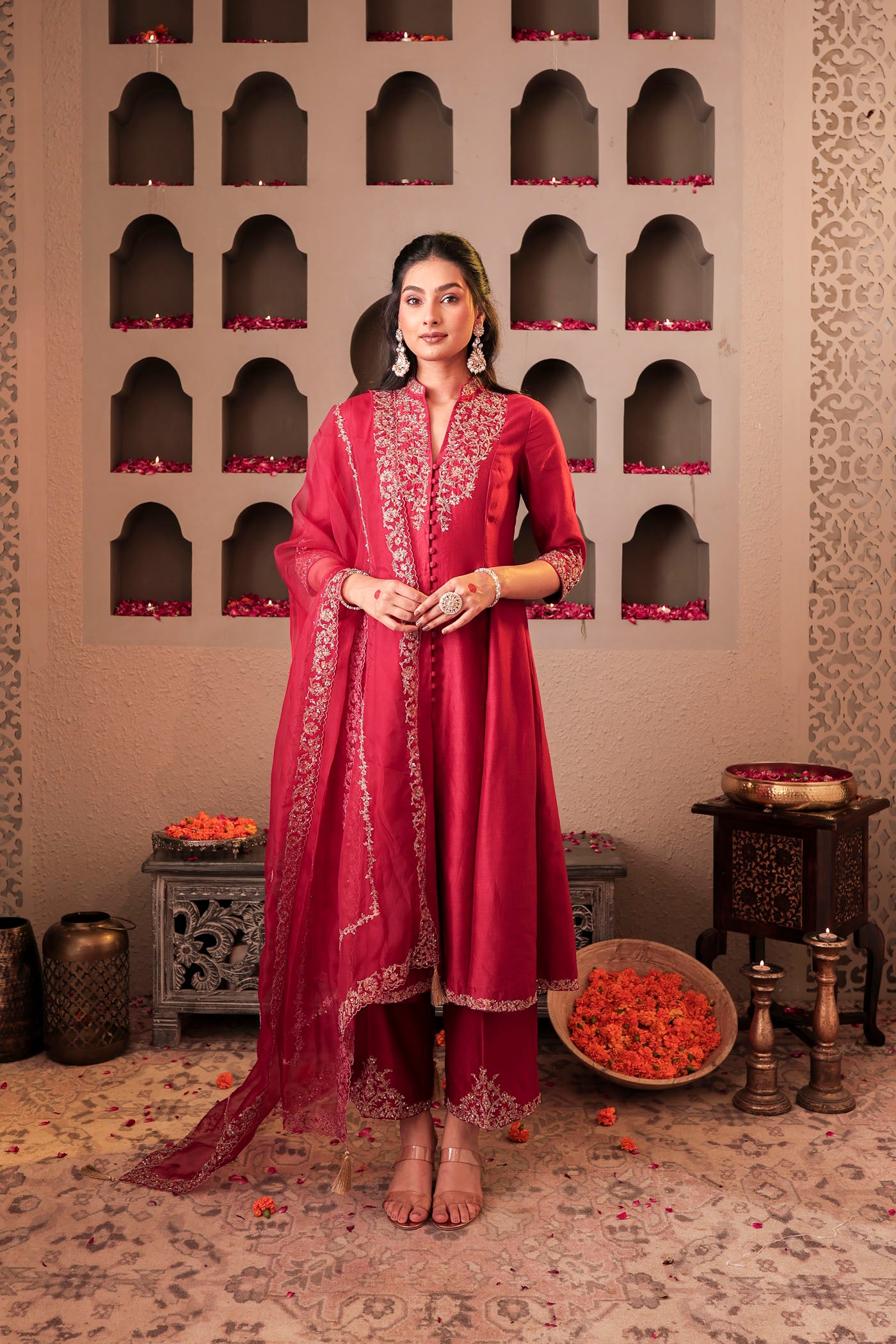 Maroon silk kurta set with intricate borders