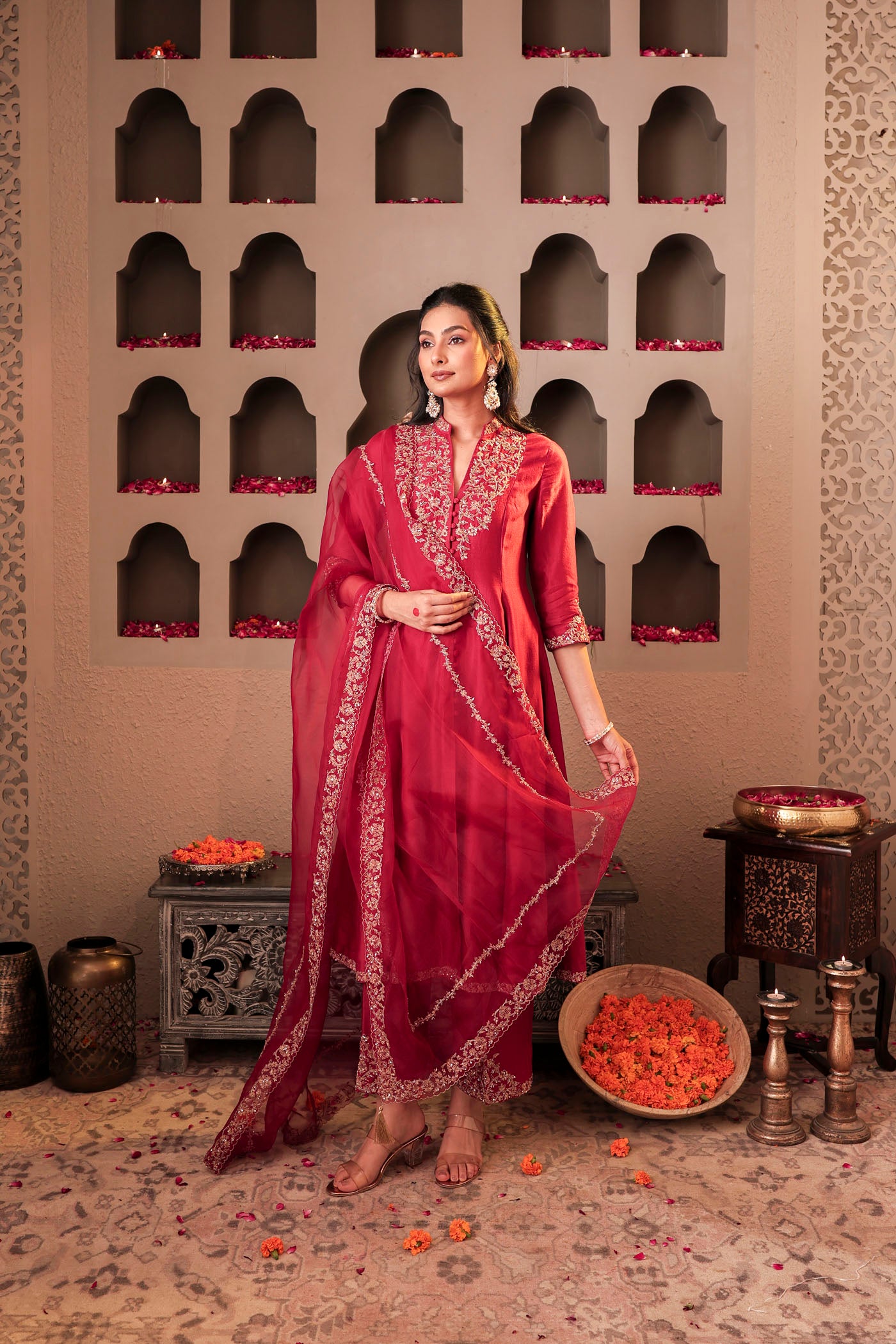 Maroon silk kurta set with intricate borders