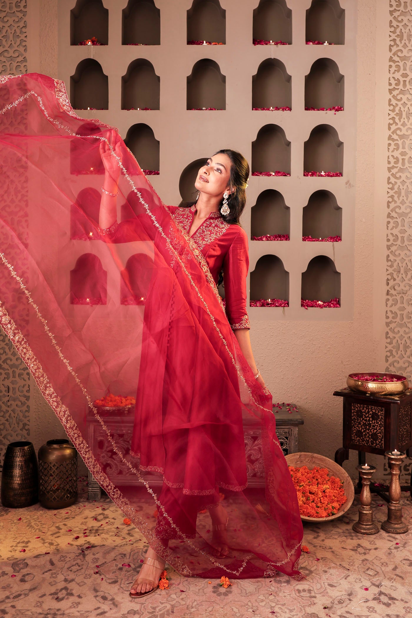 Maroon silk kurta set with intricate borders