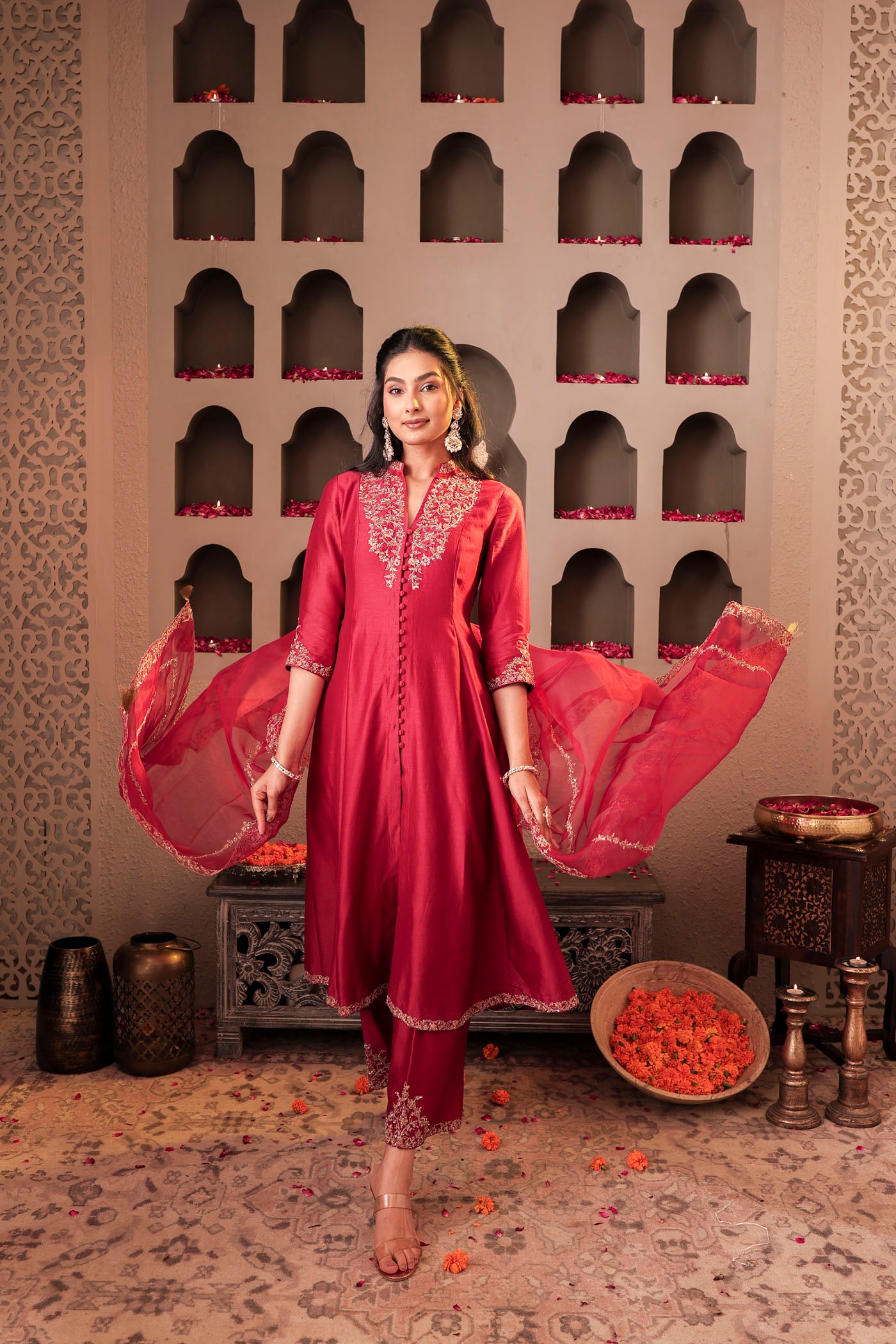 Maroon silk kurta set with intricate borders