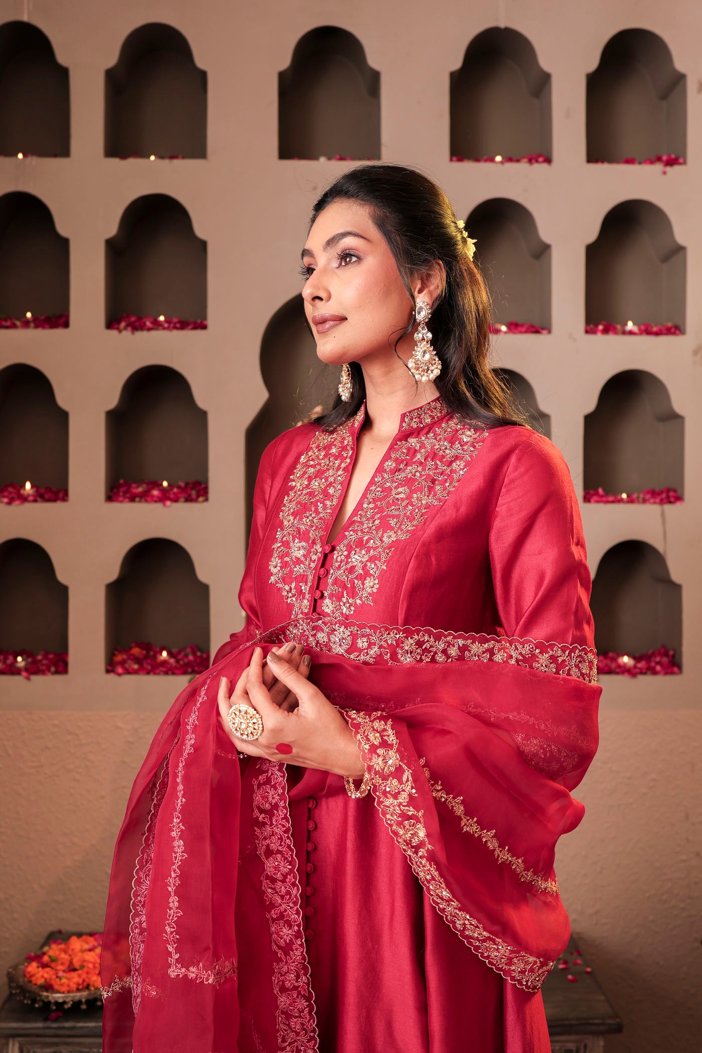 Maroon silk kurta set with intricate borders
